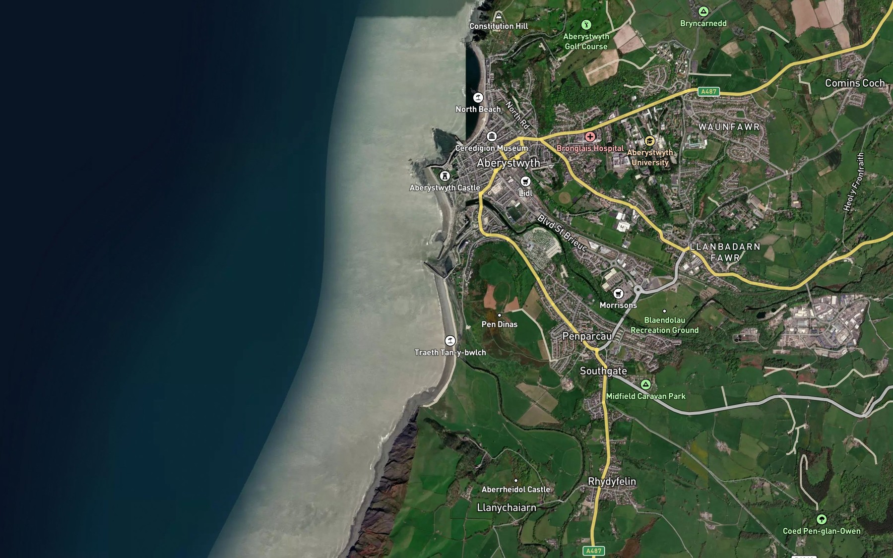 Satellite map of the Afon Ystwyth