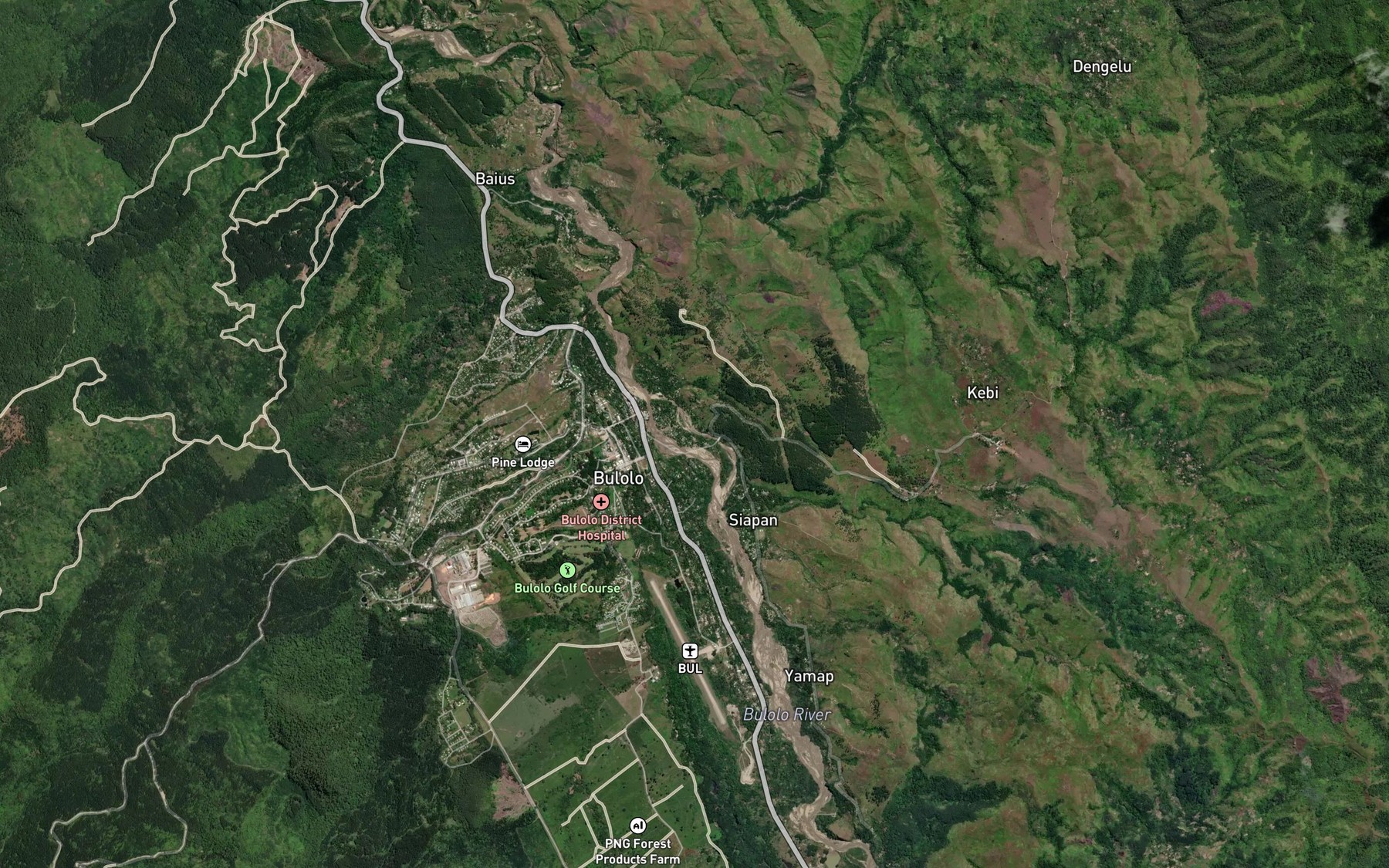 Satellite map of the Bulolo River