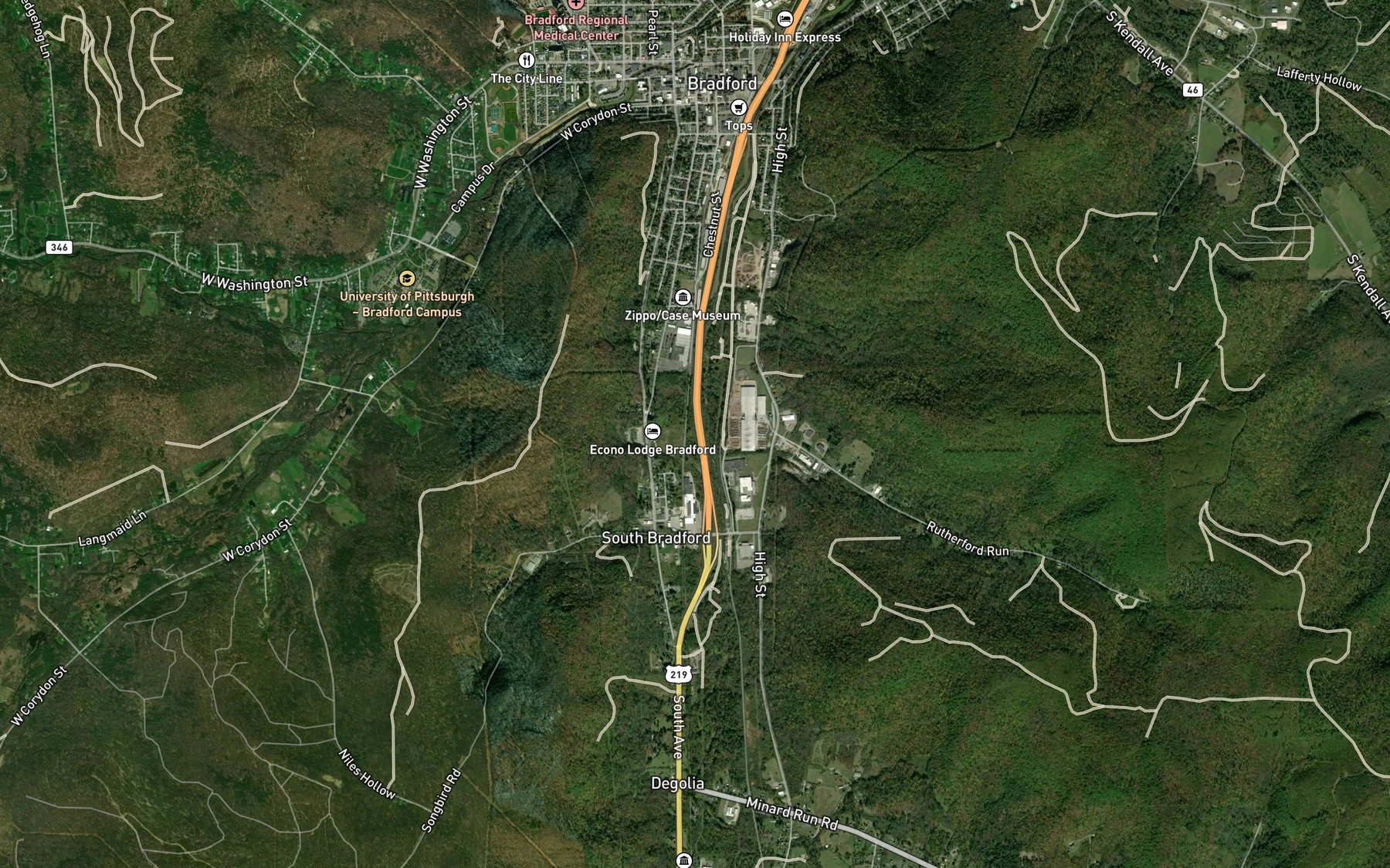 Satellite map of the Rutherford Run