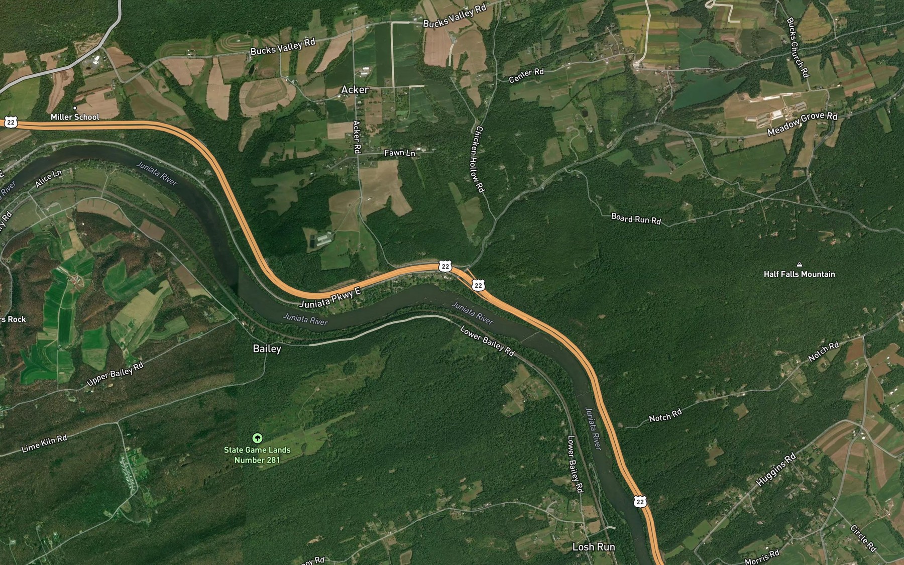 Satellite map of the Board Run