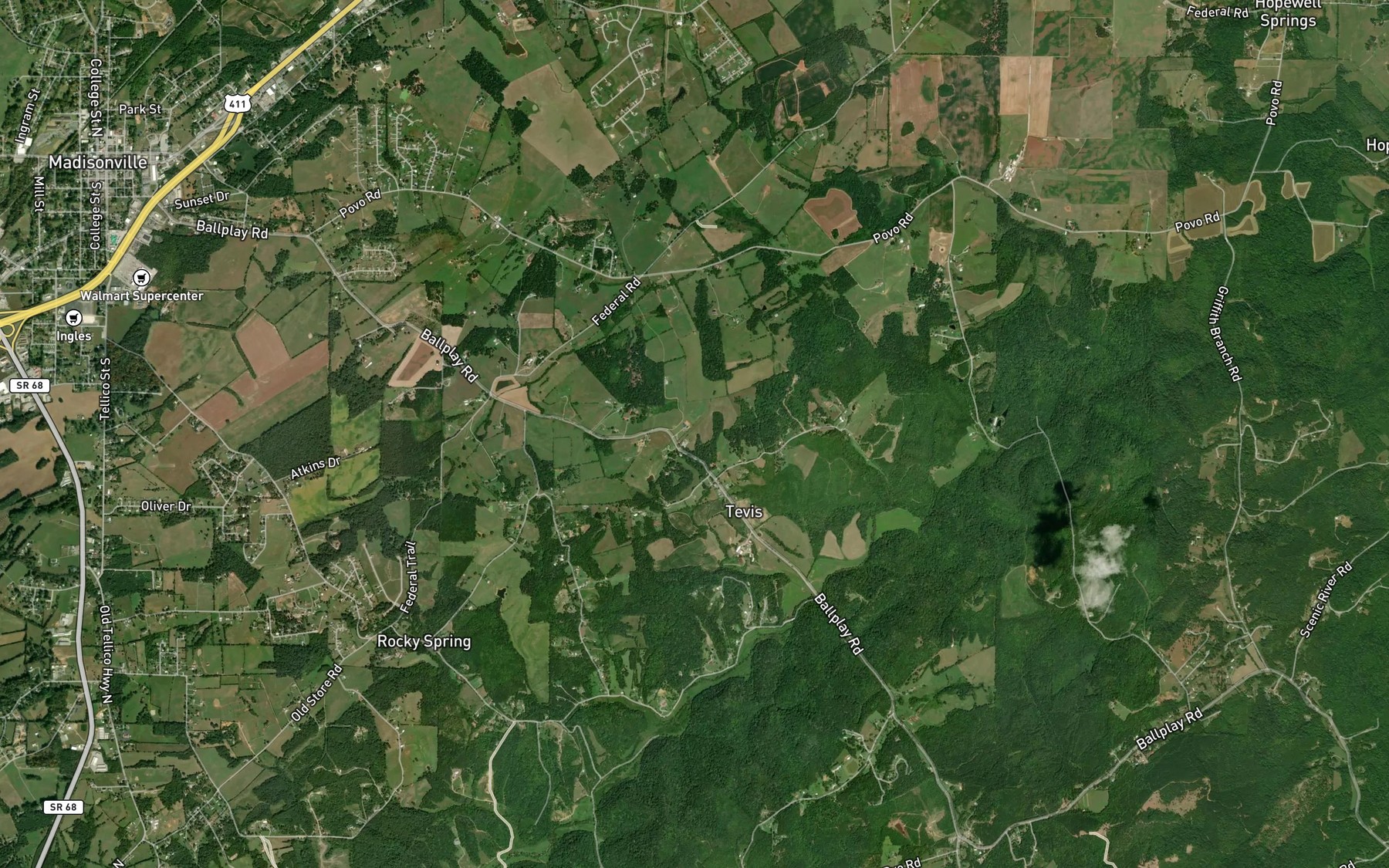 Satellite map of the Tevis Spring