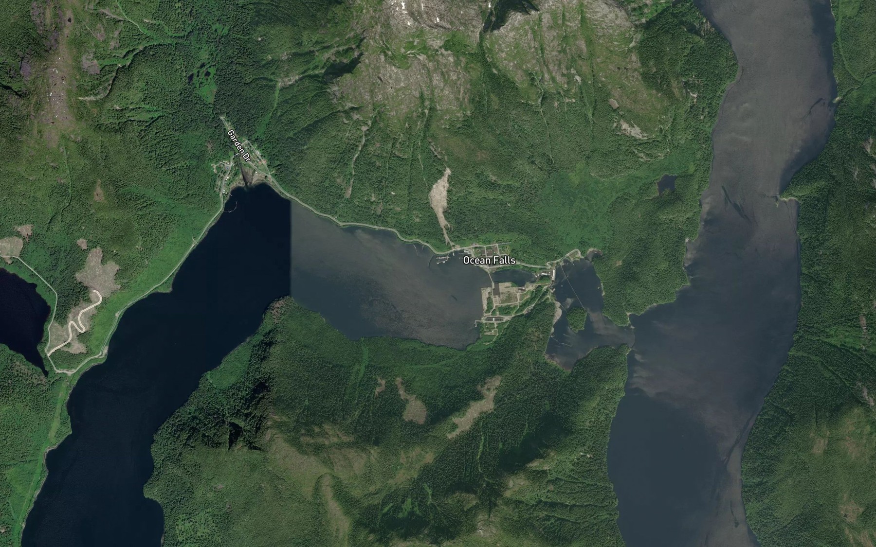 Satellite map of the Ocean Falls Seaplane Base