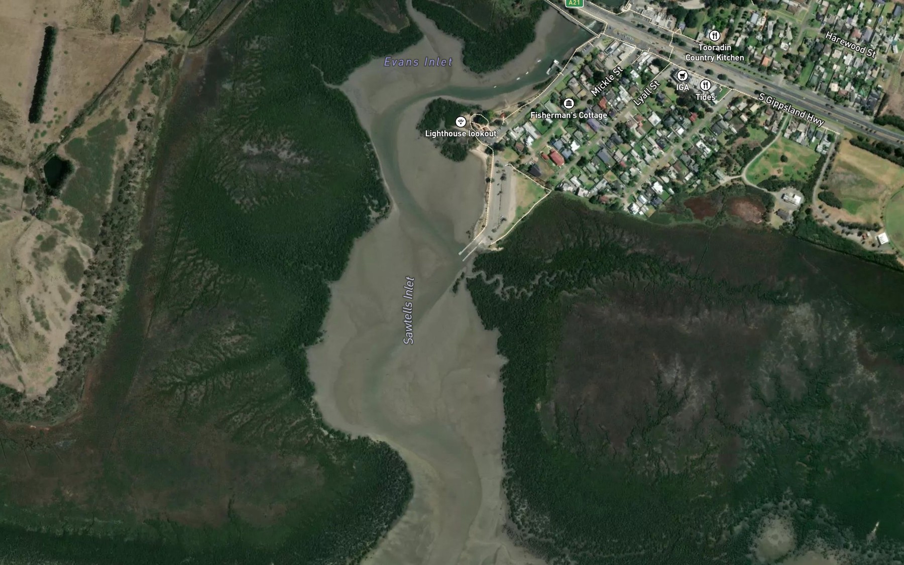 Satellite map of the Sawtells Inlet