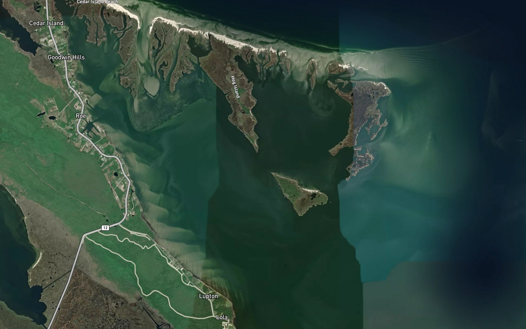 Satellite map of the Hog Island Narrows