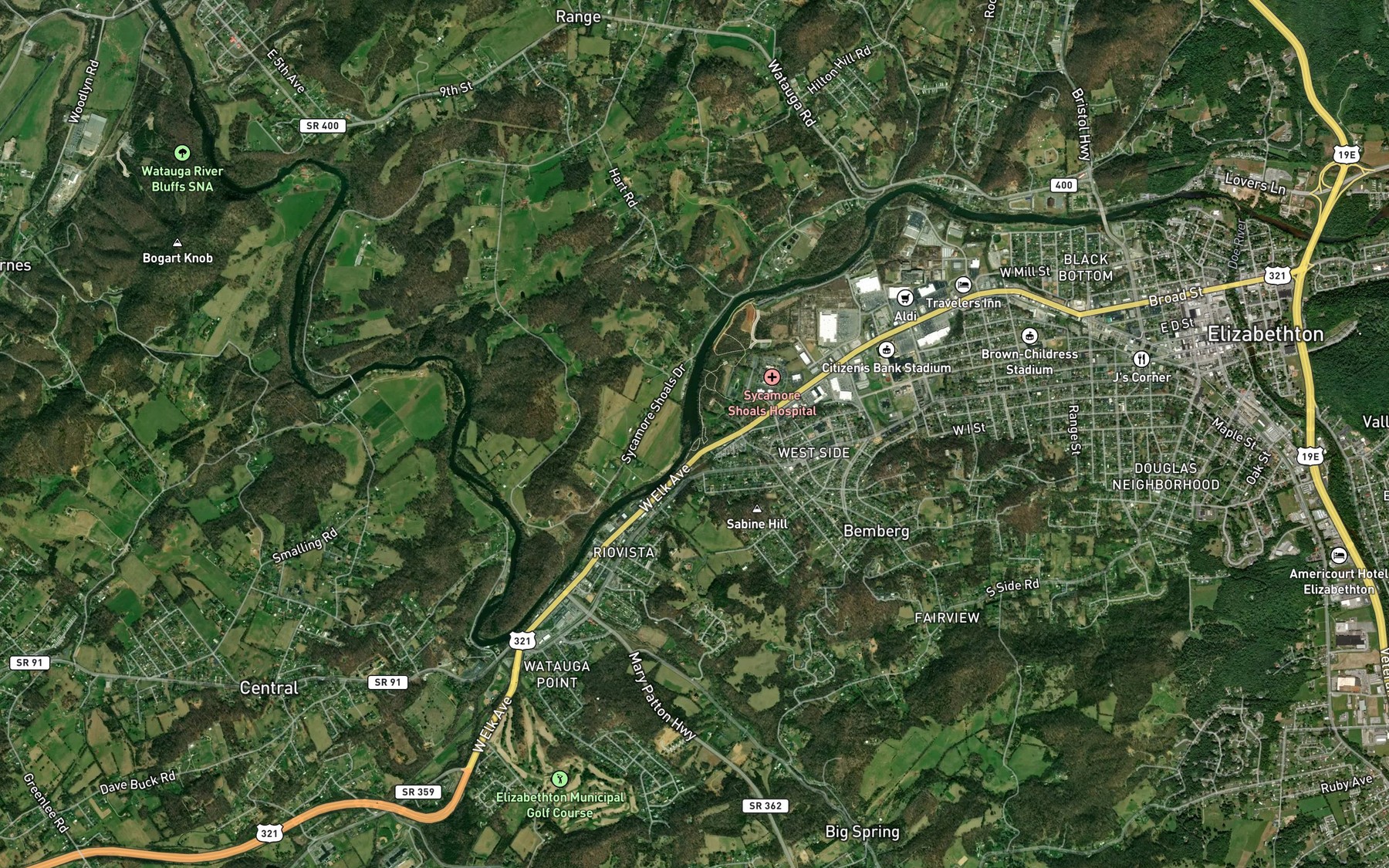 Satellite map of the Sycamore Shoals