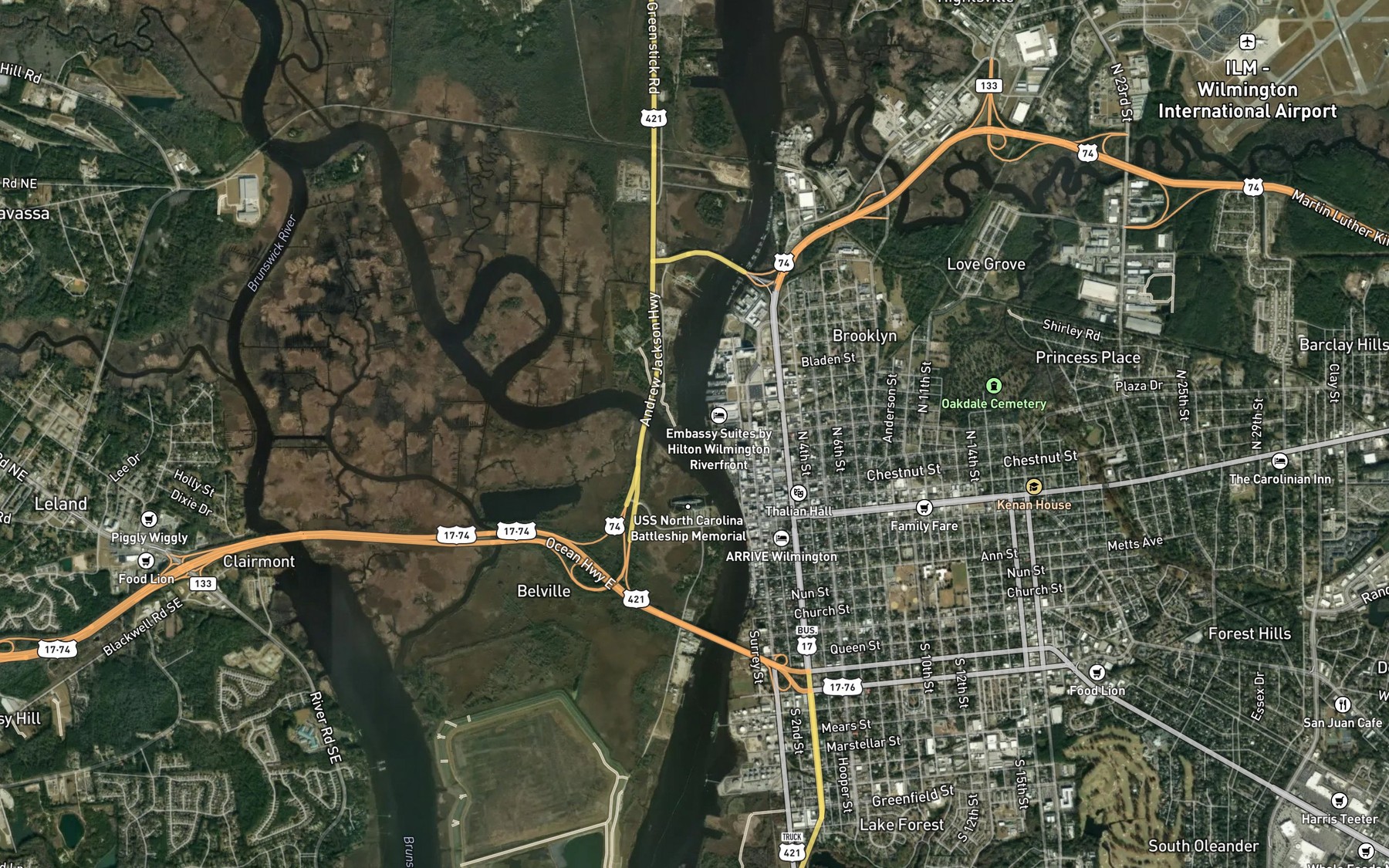 Satellite map of the Northeast Cape Fear River