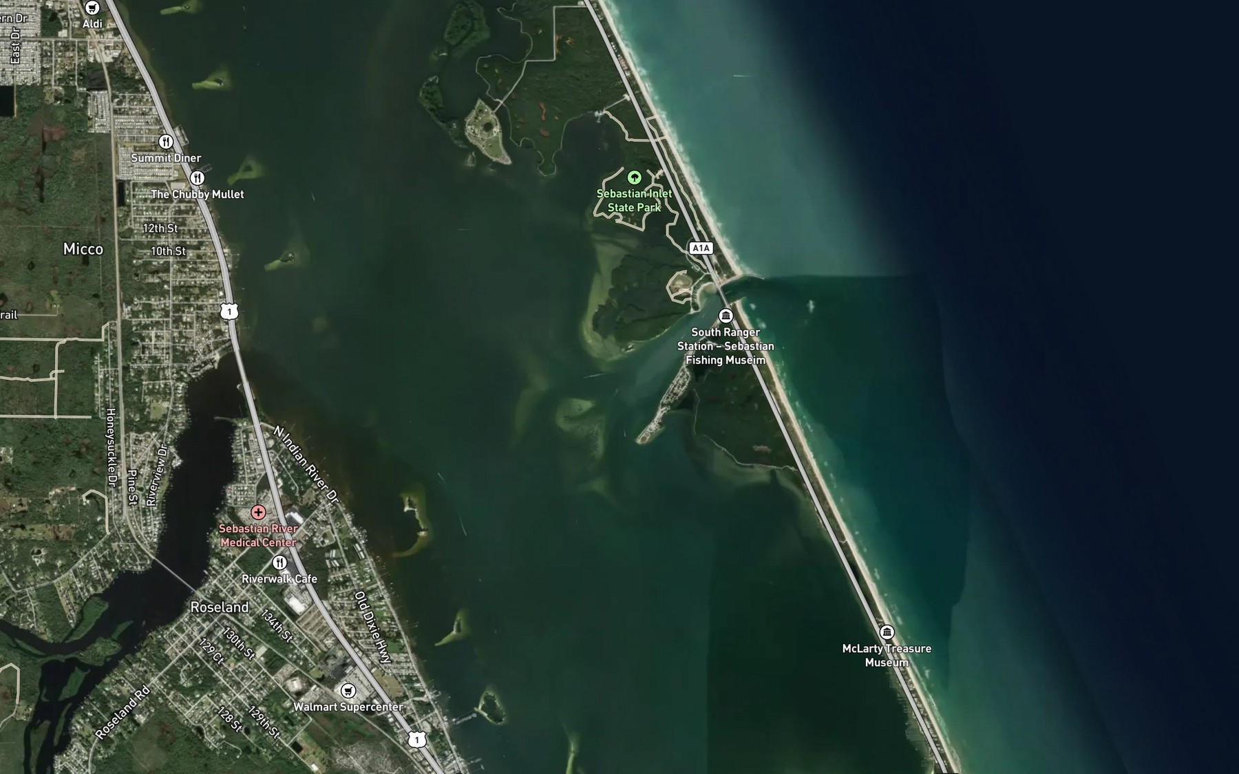 Satellite map of the Sebastian Inlet