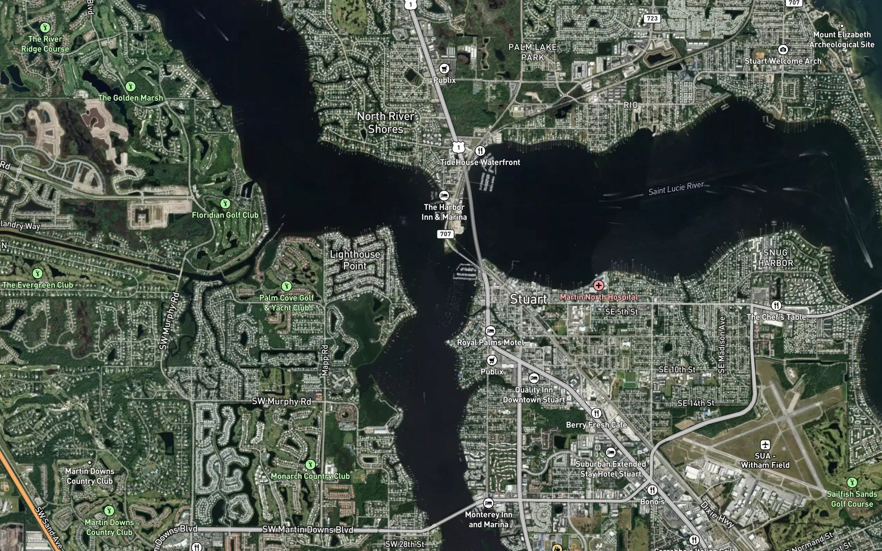 Satellite map of the South Fork Saint Lucie River