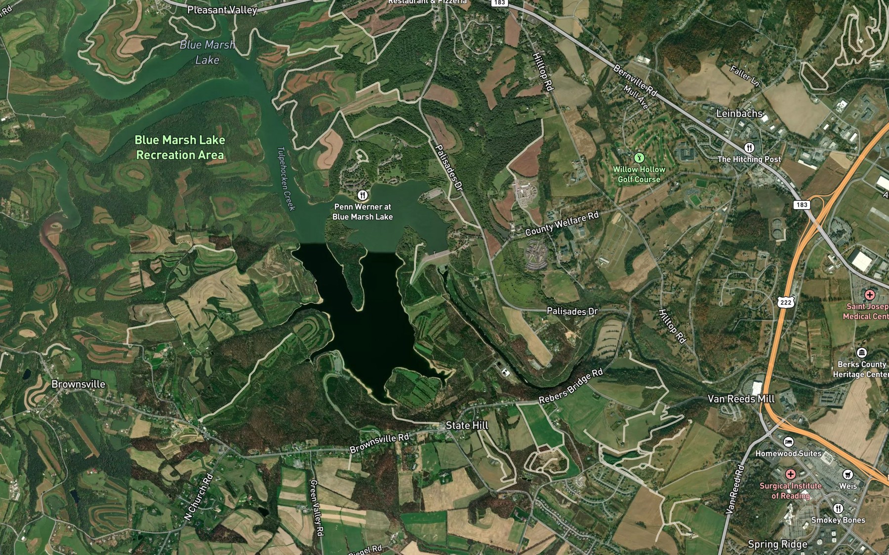 Satellite map of the Blue Marsh Lake Stilling Basin