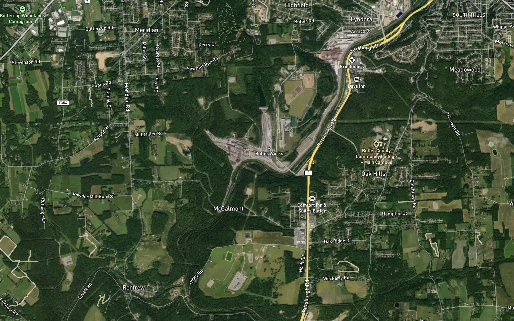 Satellite map of the Sawmill Run