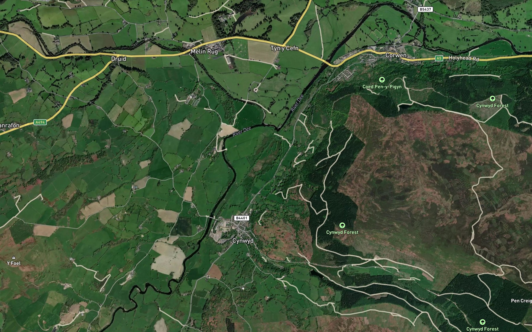 Satellite map of the Afon Alwen