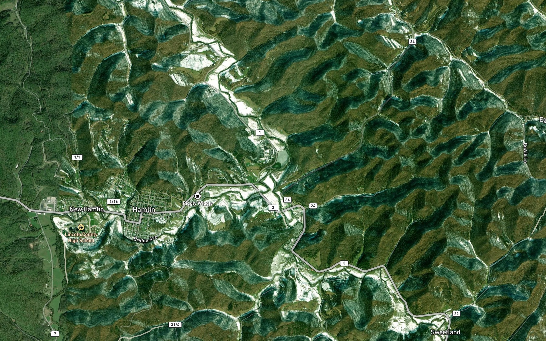 Satellite map of the Middle Fork Mud River