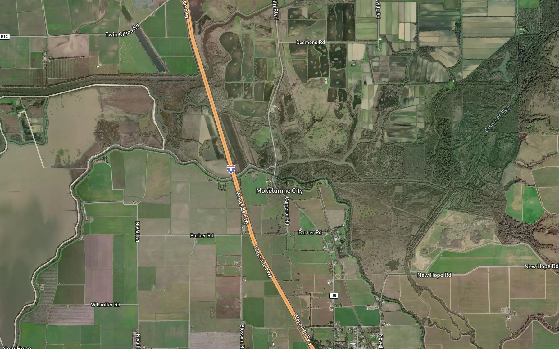 Satellite map of the Cosumnes River