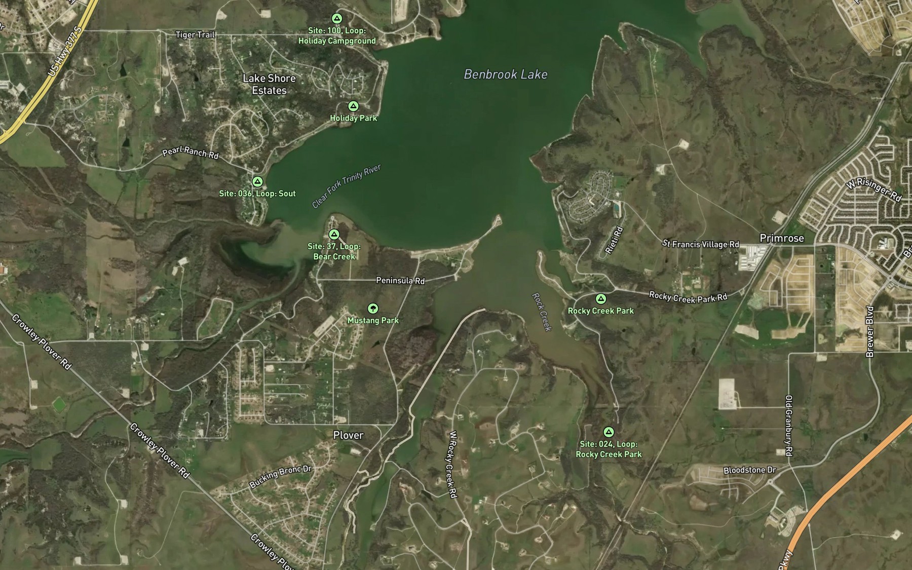 Satellite map of the Mustang Creek