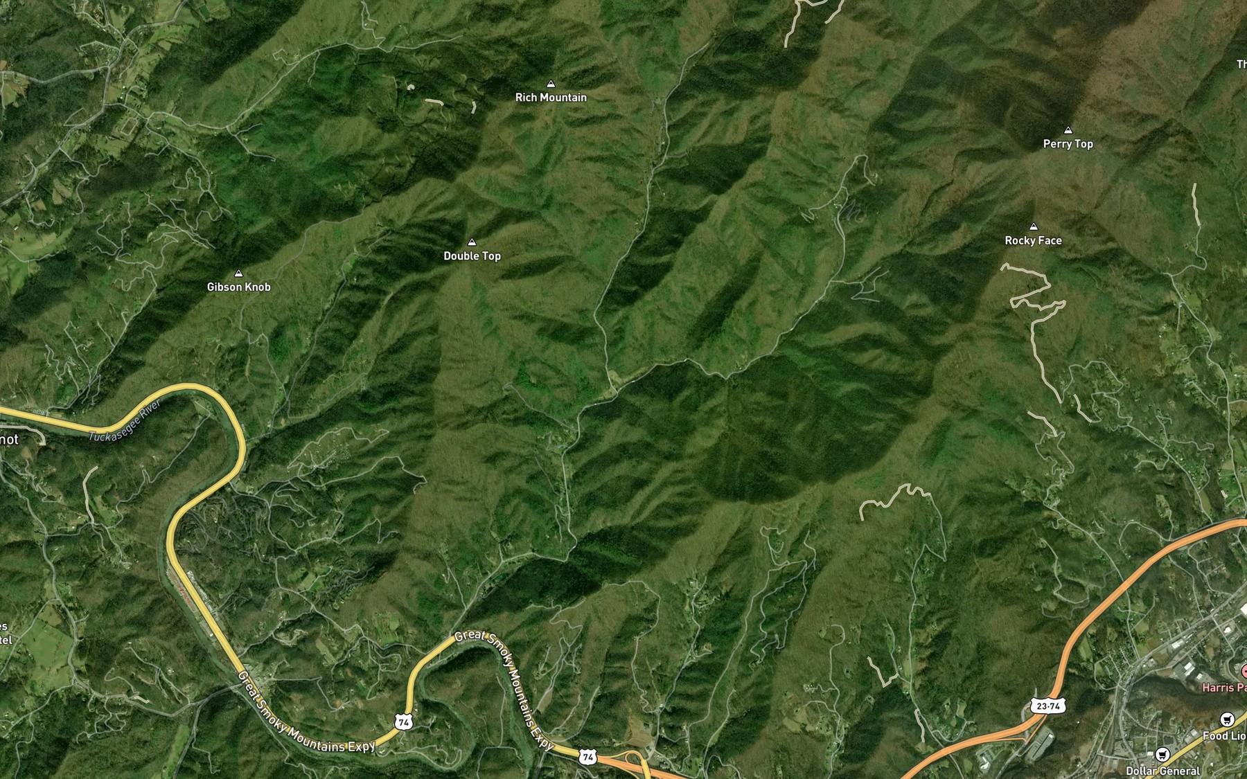 Satellite map of the East Fork Dicks Creek