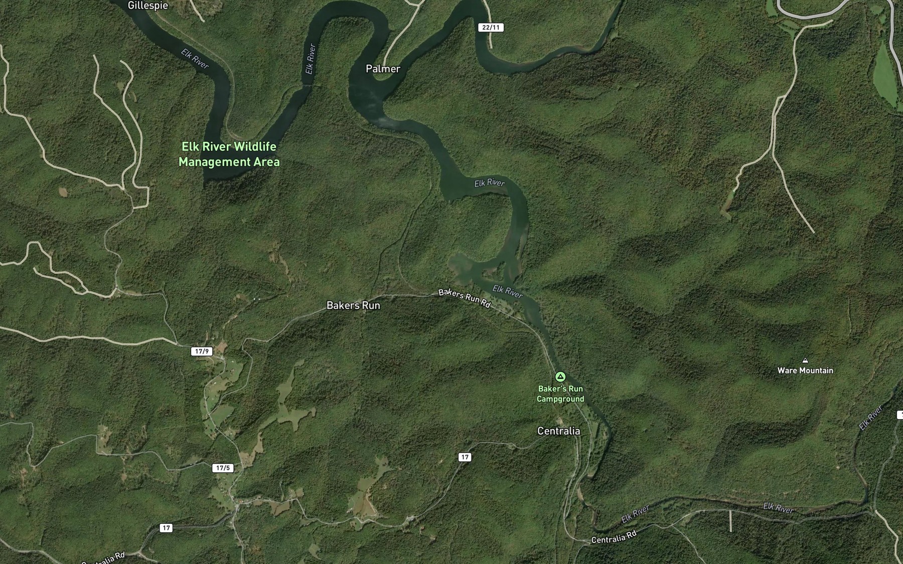 Satellite map of the Bakers Run