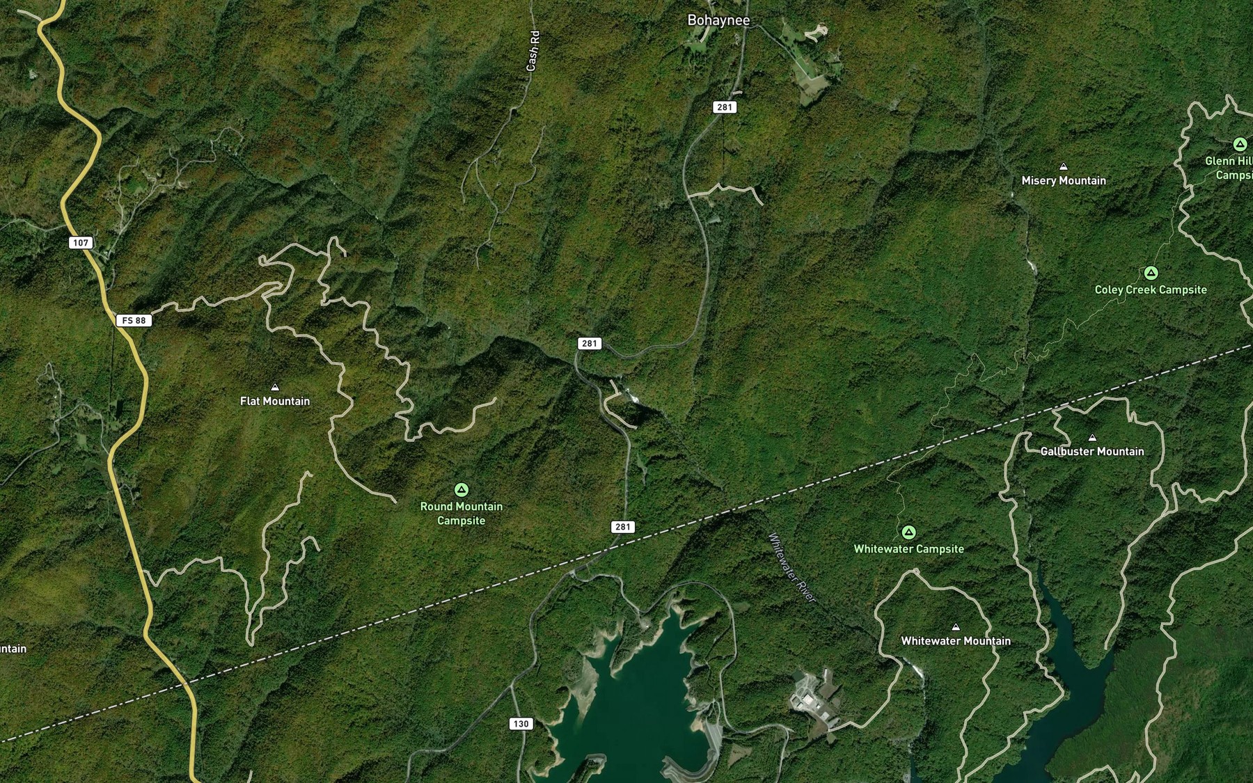 Satellite map of the Upper Whitewater Falls