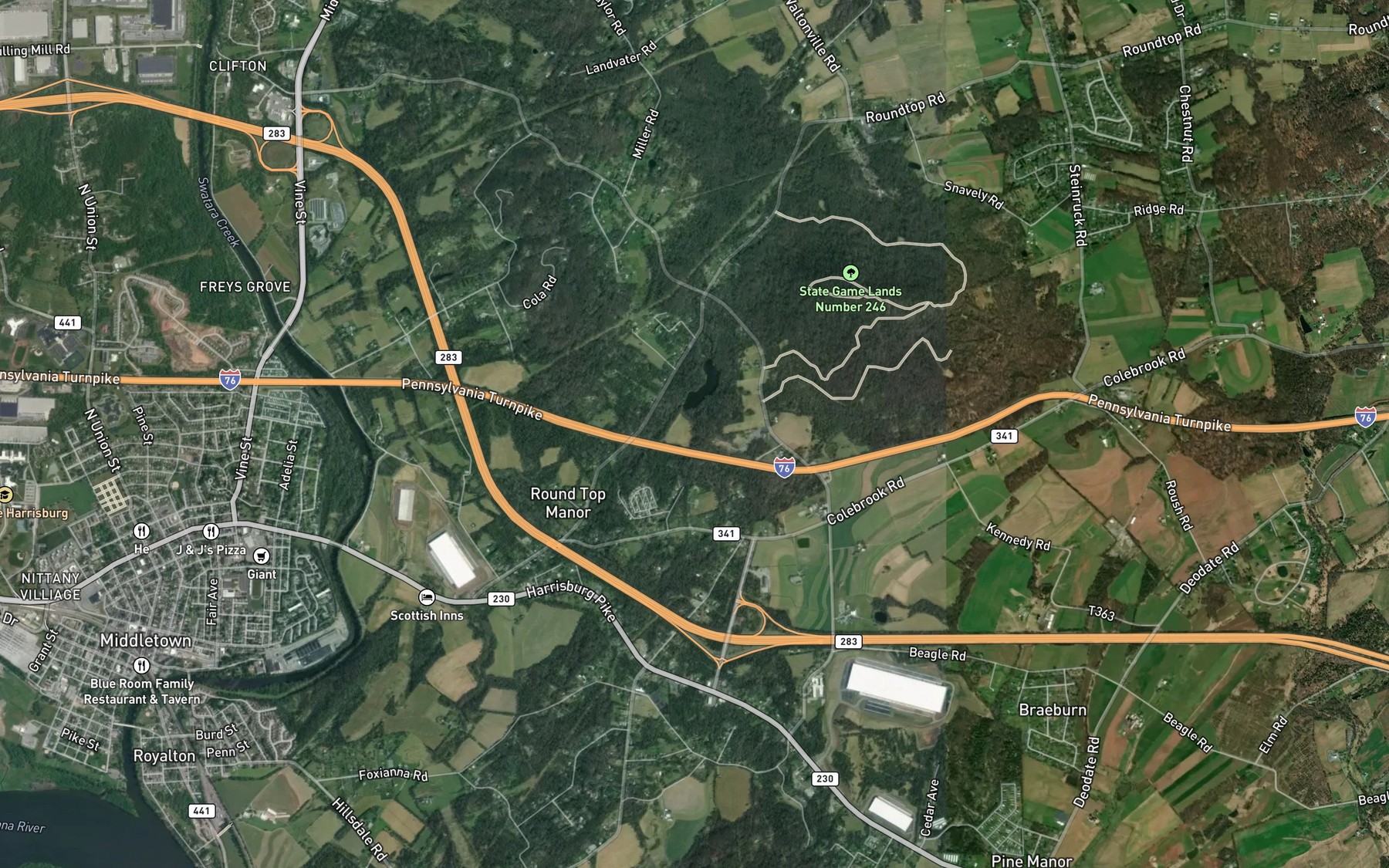 Satellite map of the Round Top Impoundment