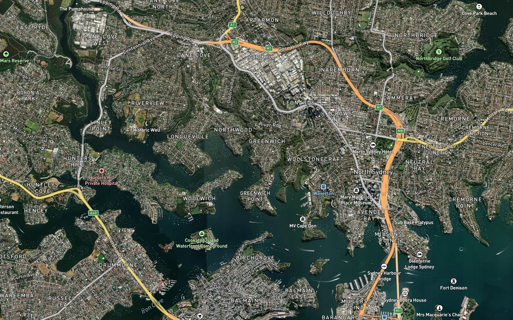 Satellite map of the Lane Cove River