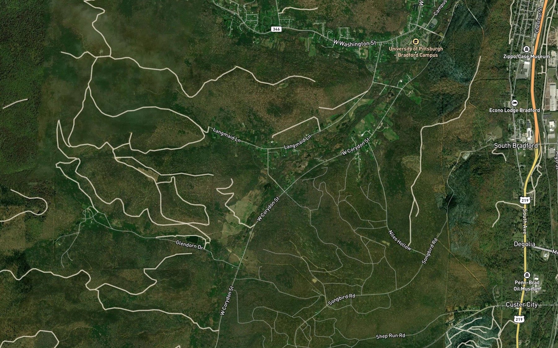 Satellite map of the Langmade Brook