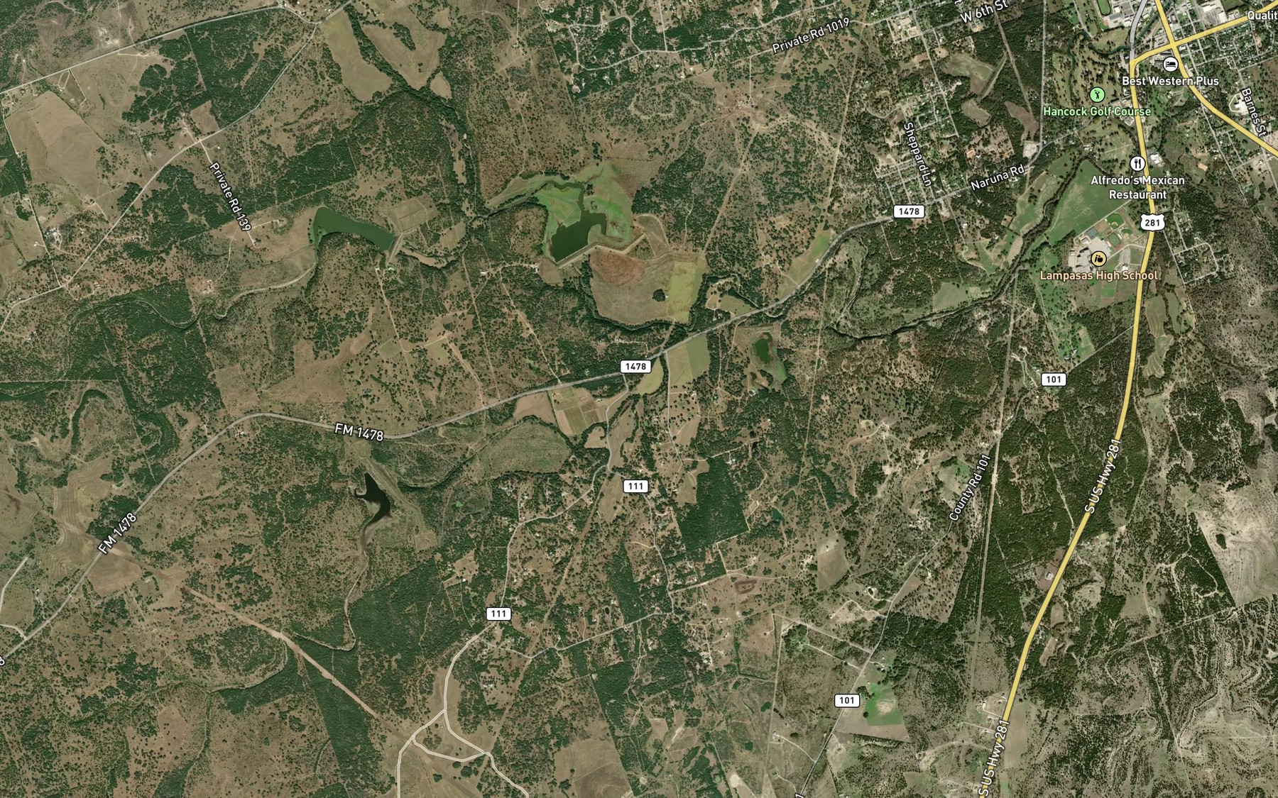 Satellite map of the Pillar Bluff Creek