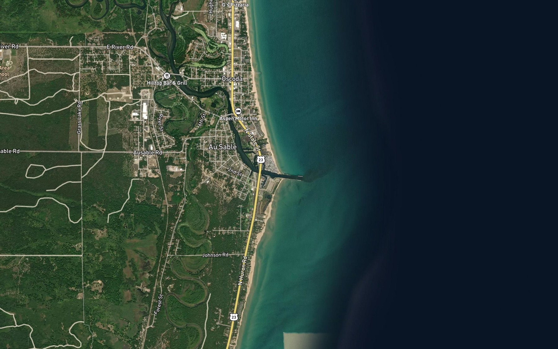 Satellite map of the Au Sable River