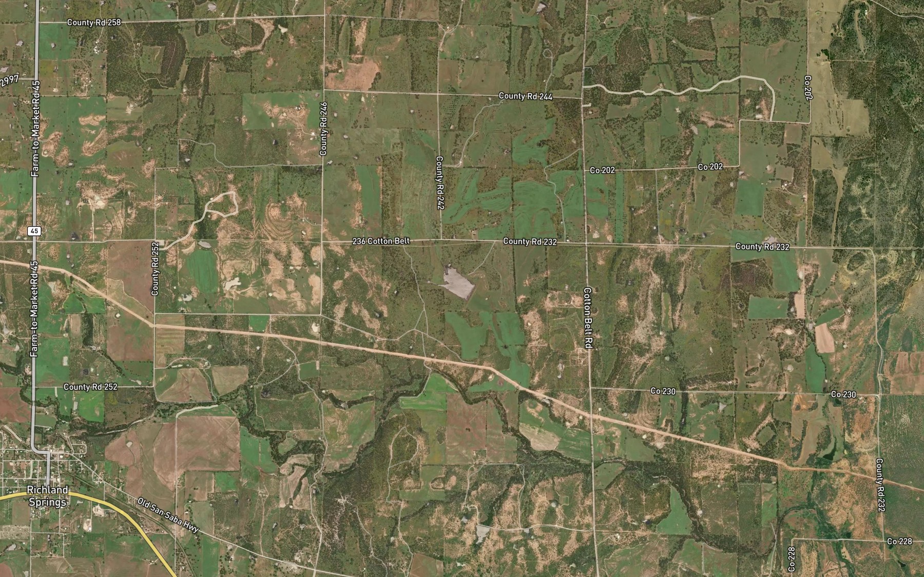 Satellite map of the Lower San Saba Watershed Reservoir