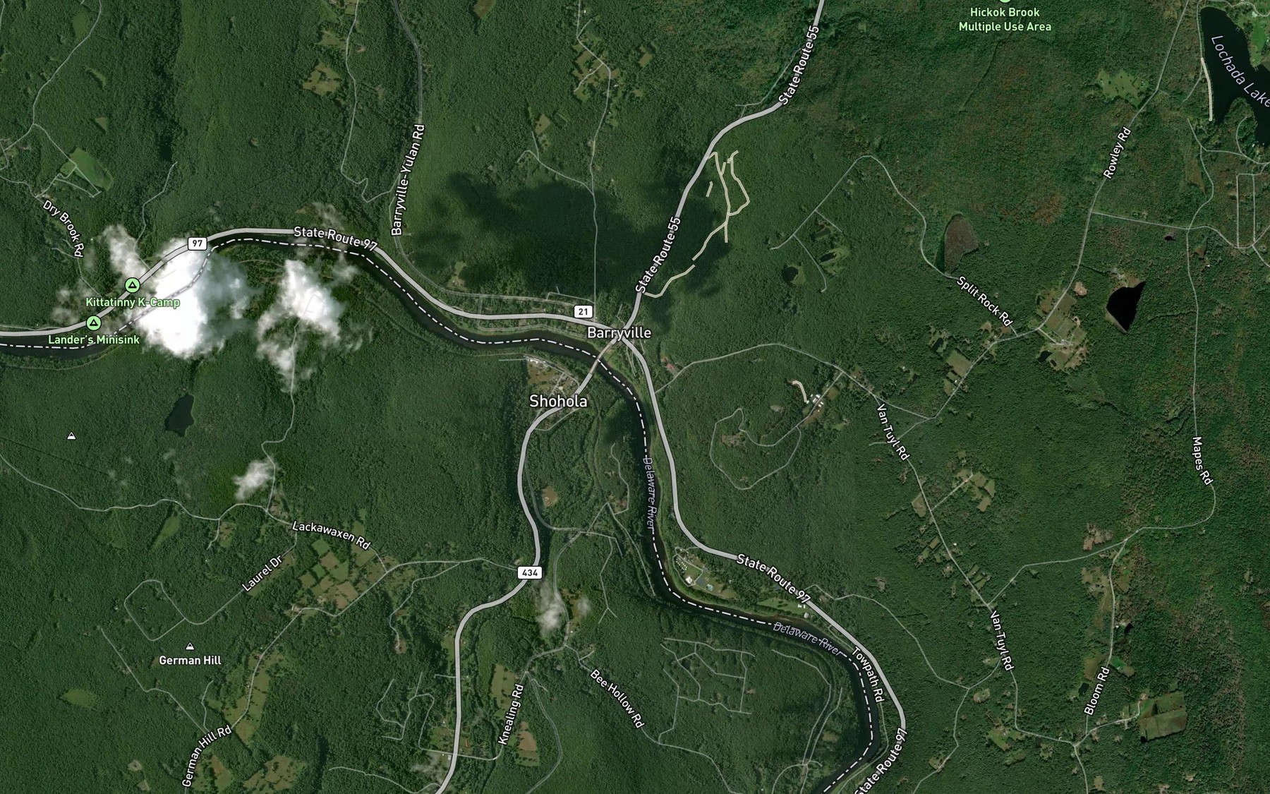 Satellite map of the Shohola Creek