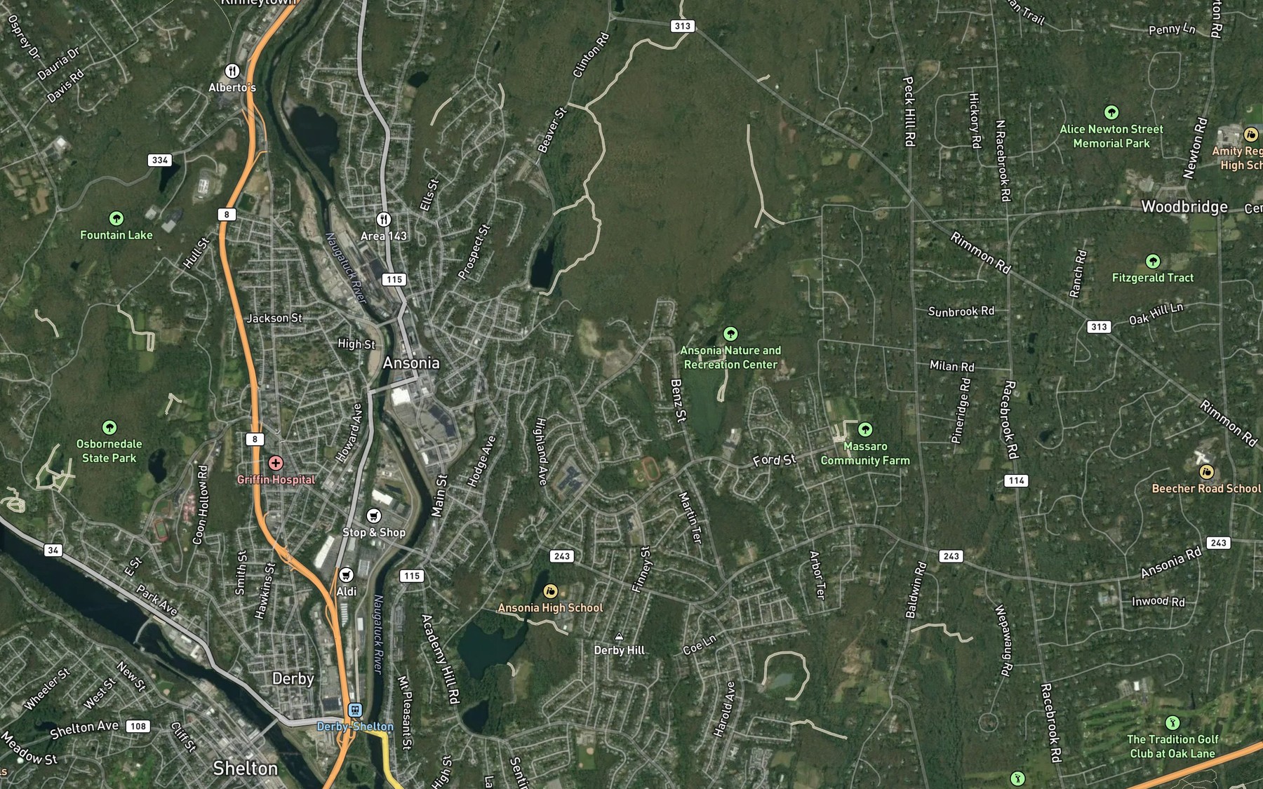 Satellite map of the Parkers Pond
