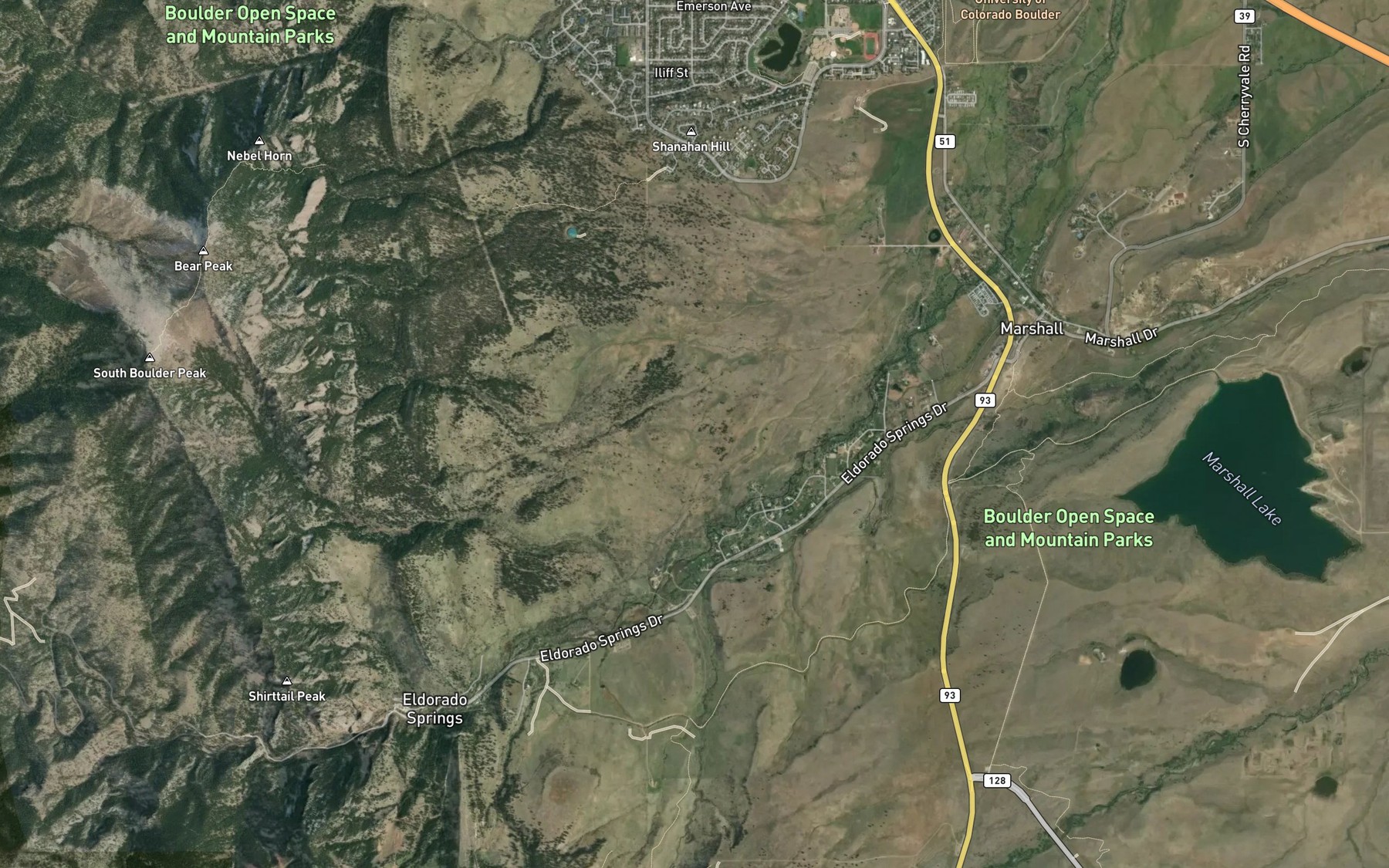 Satellite map of the South Boulder Foothills Ditch
