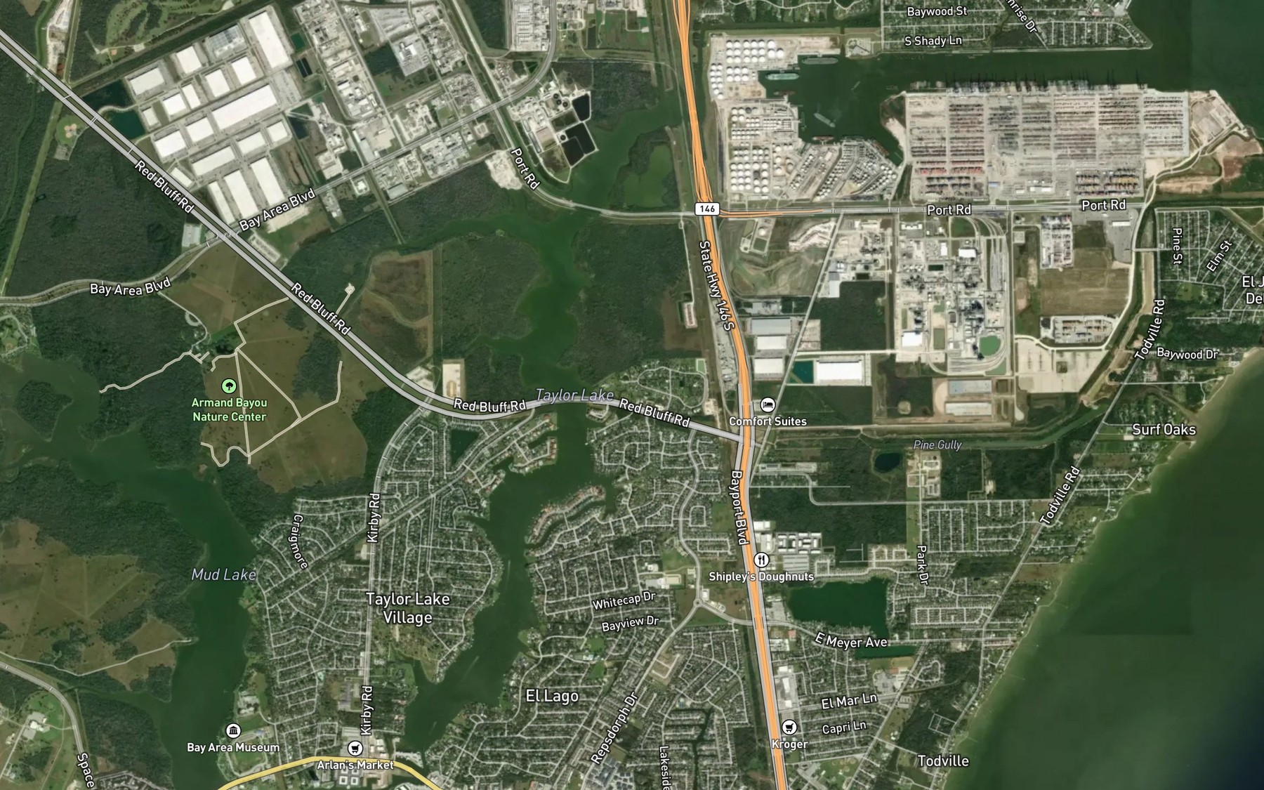 Satellite map of the Taylor Bayou