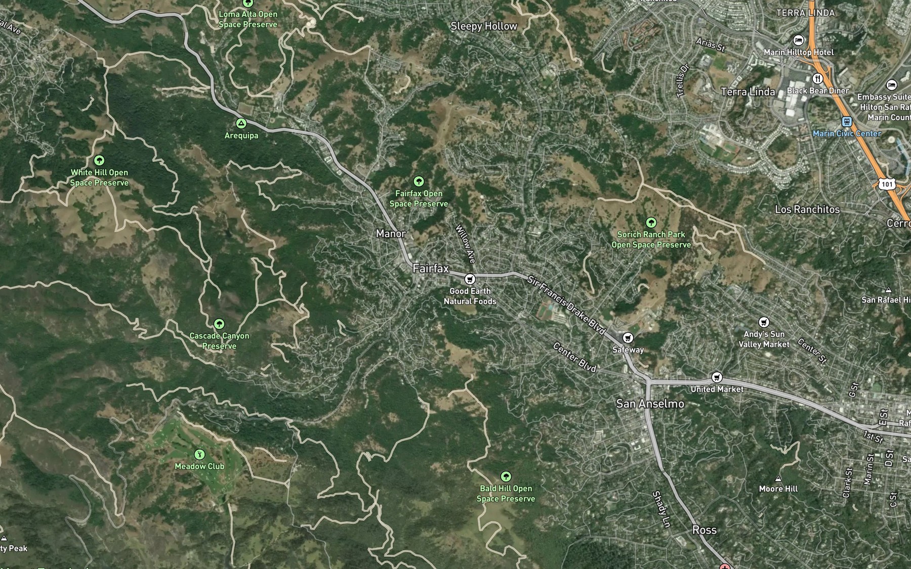 Satellite map of the Fairfax Creek