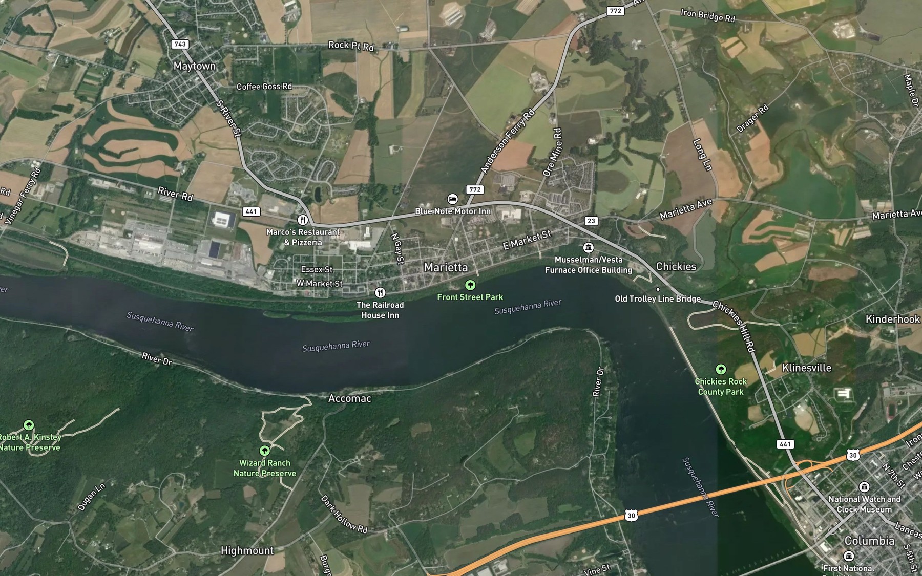 Satellite map of the Evans Run