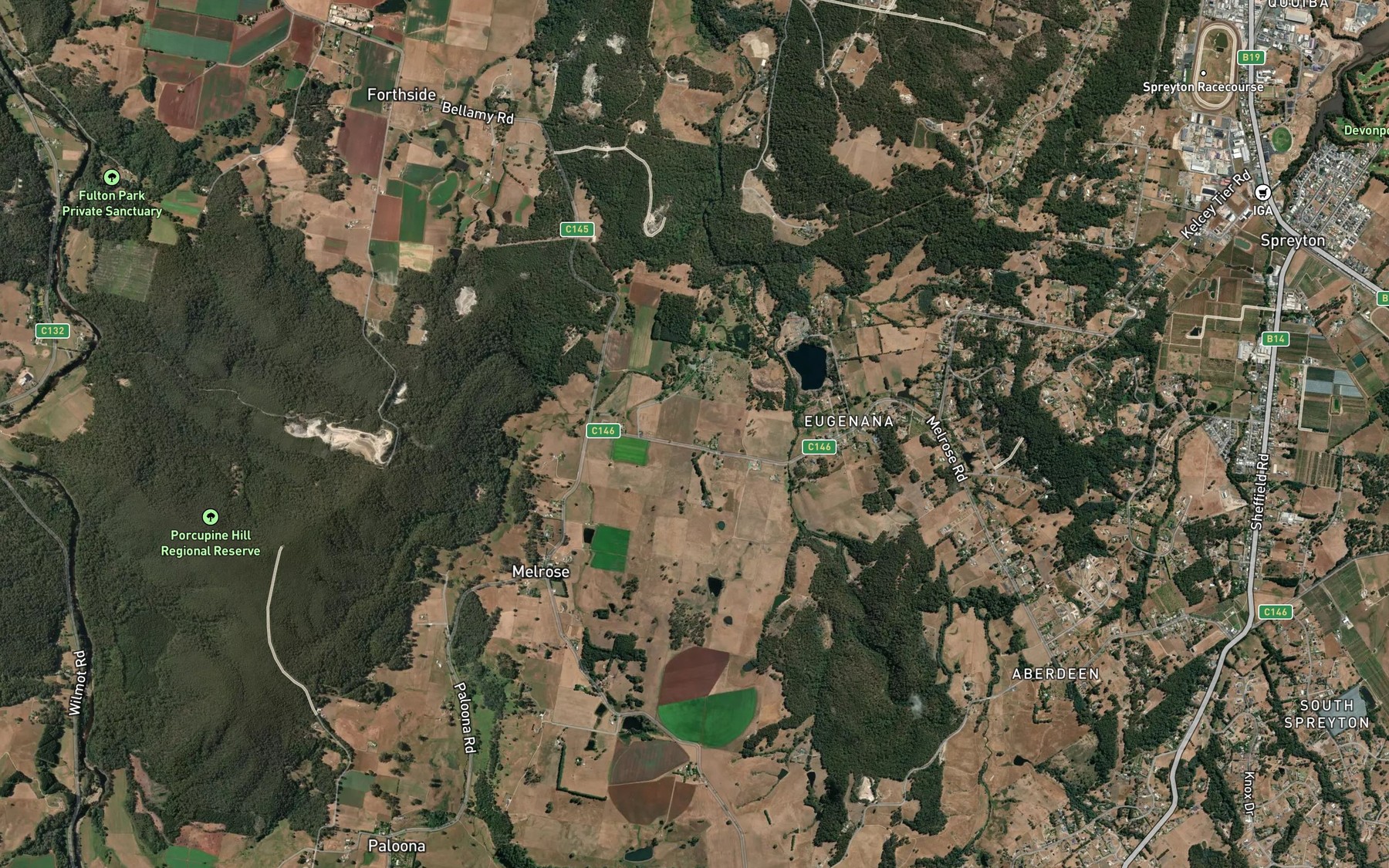Satellite map of the Melrose Rivulet