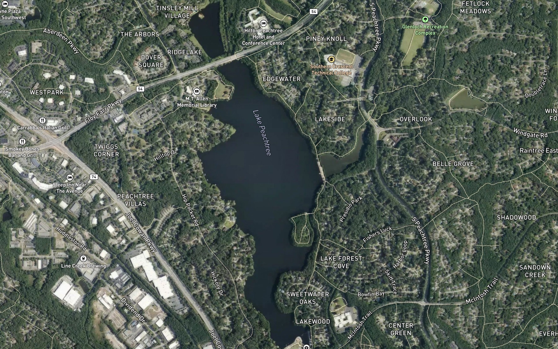 Satellite map of the Lake Peachtree