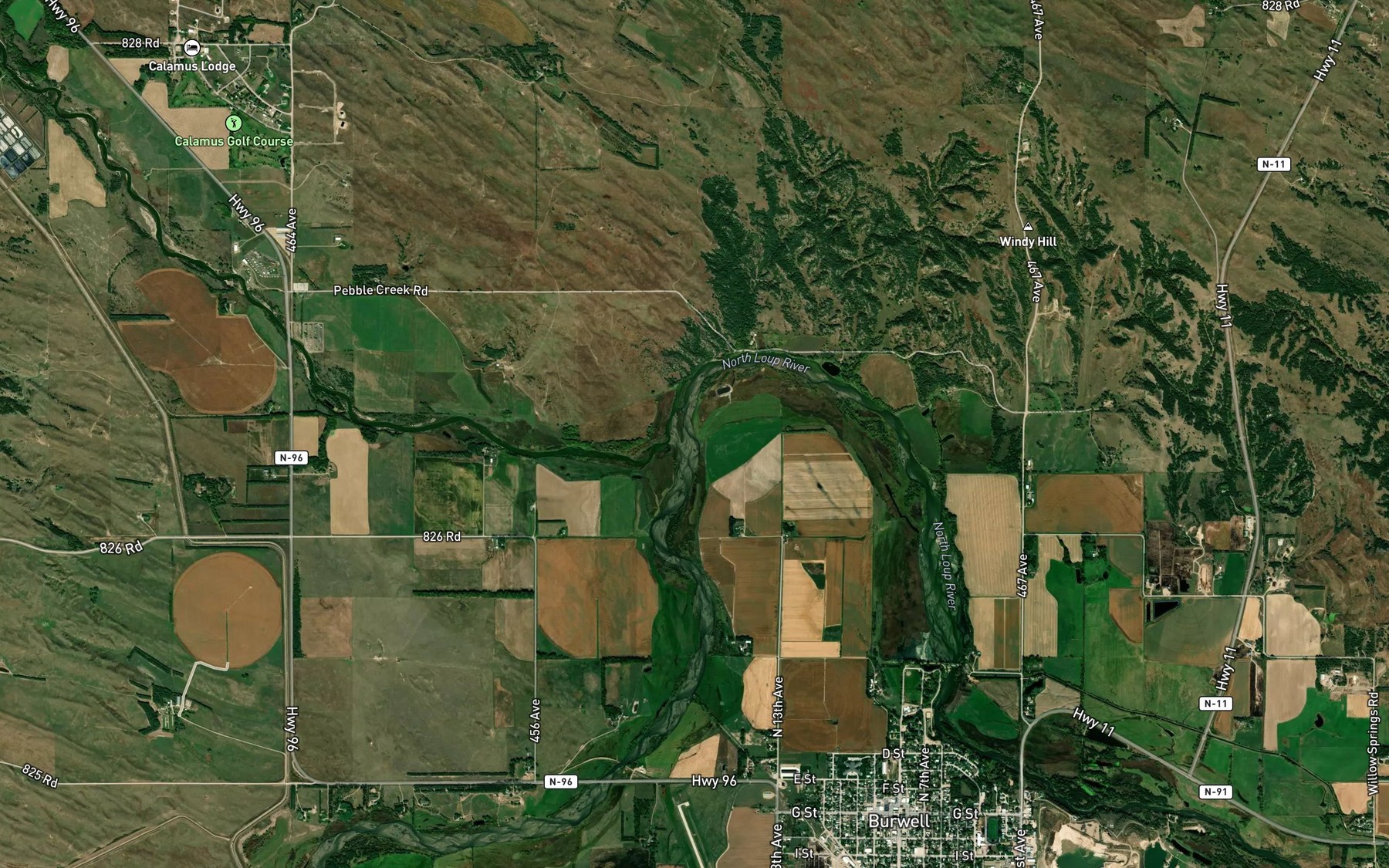 Satellite map of the Calamus River