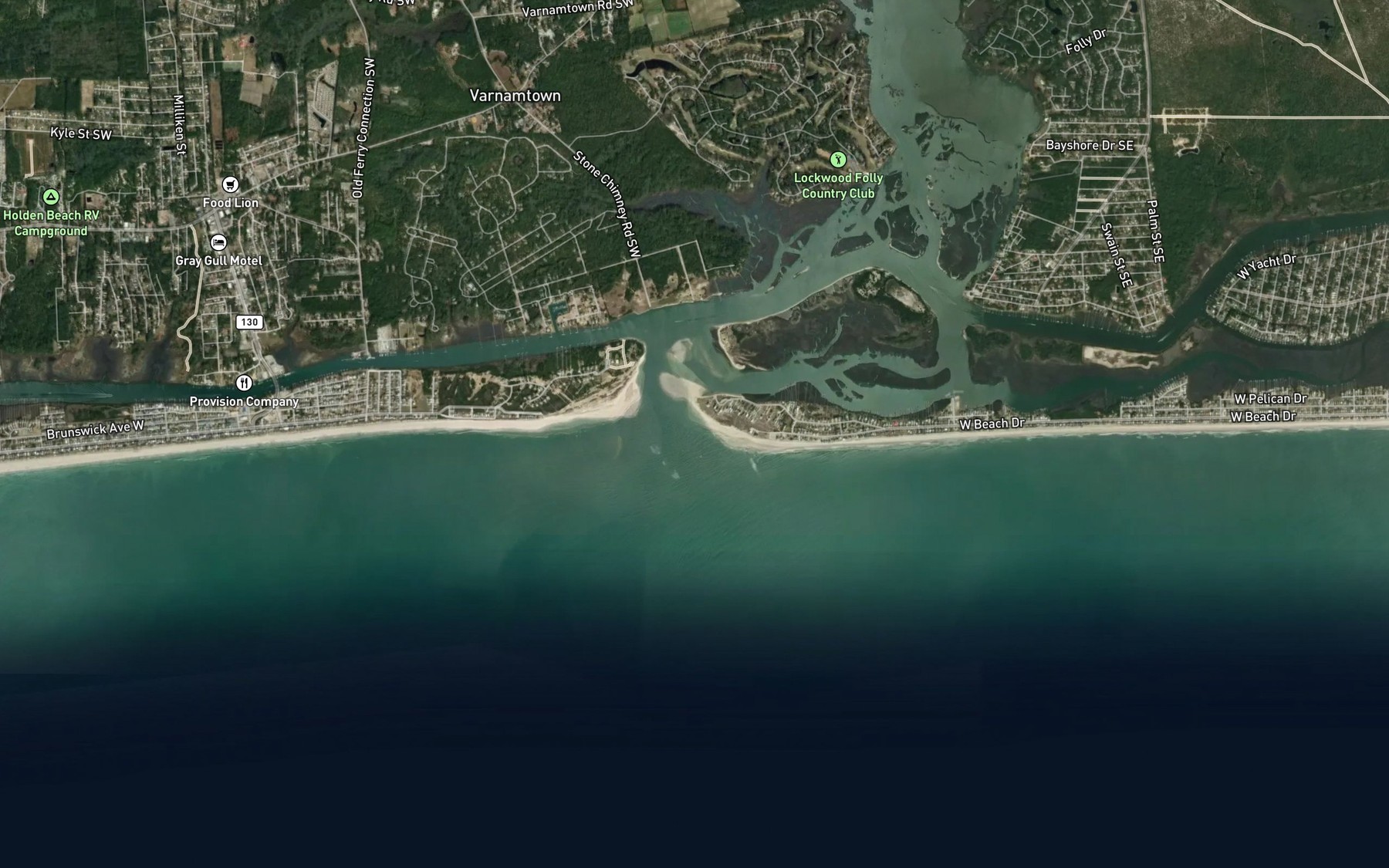 Satellite map of the Lockwoods Folly Inlet