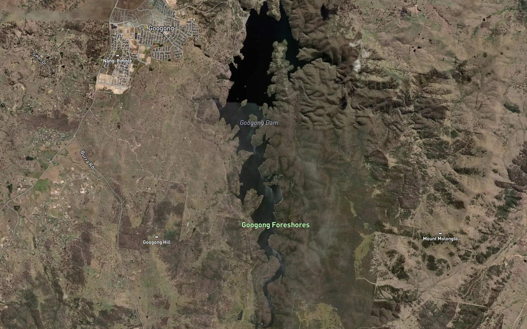 Satellite map of the Googong Reservoir
