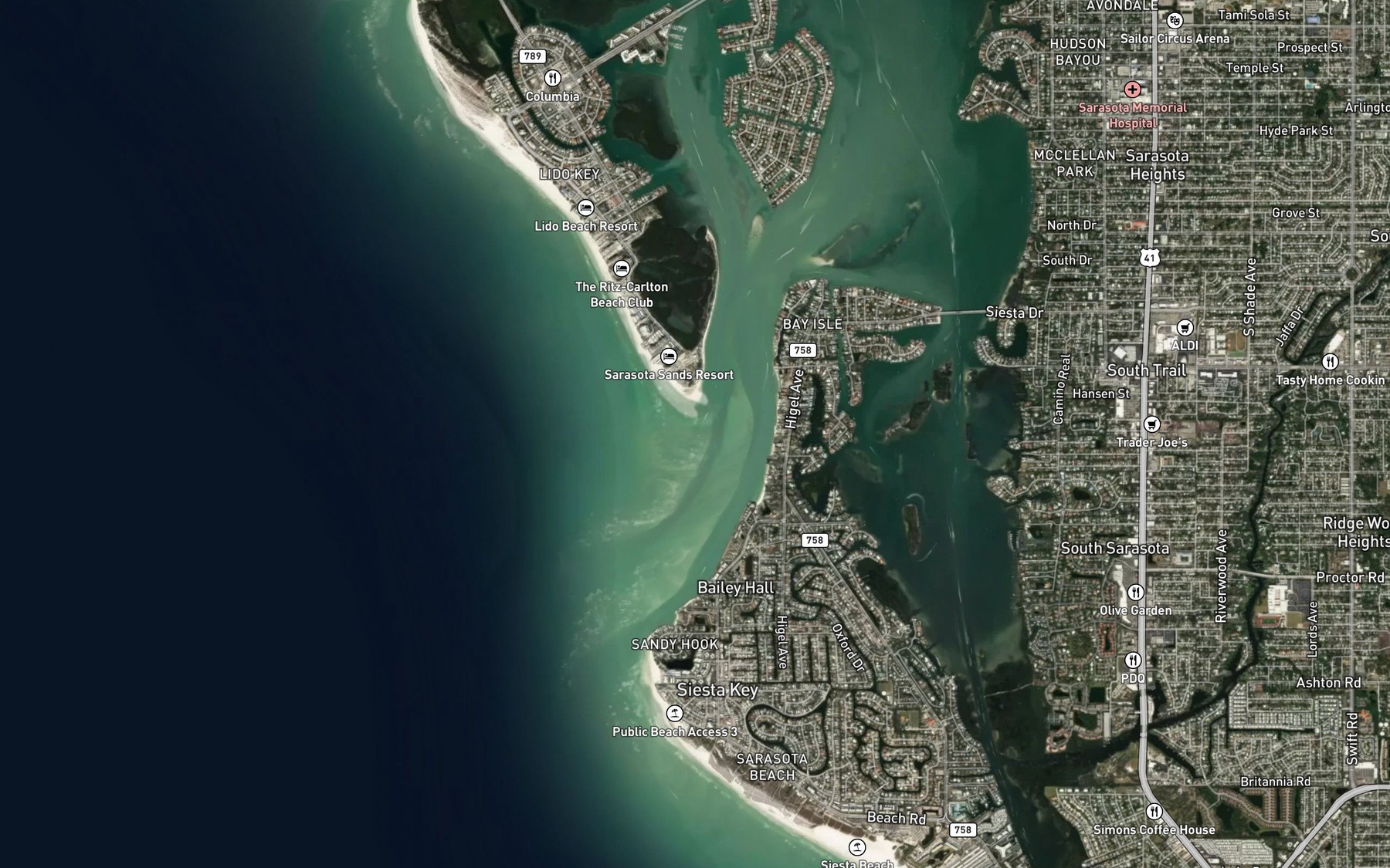Satellite map of the Big Sarasota Pass