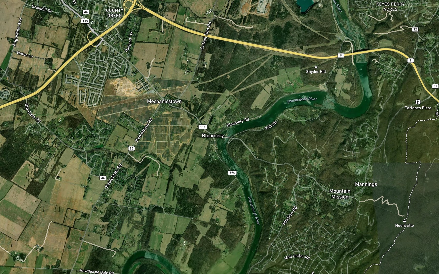 Satellite map of the Evitts Run
