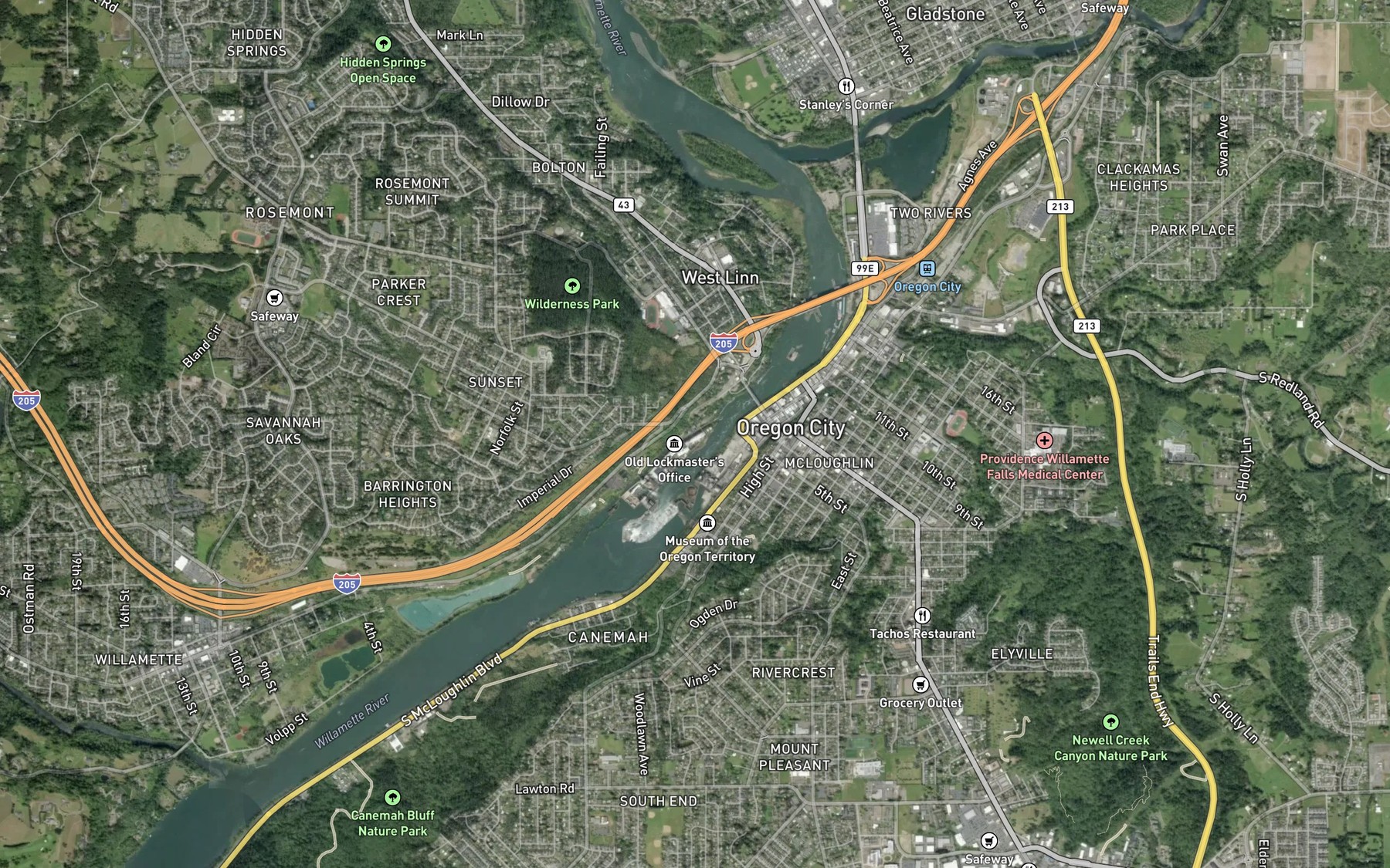 Satellite map of the Willamette Falls Canal and Locks