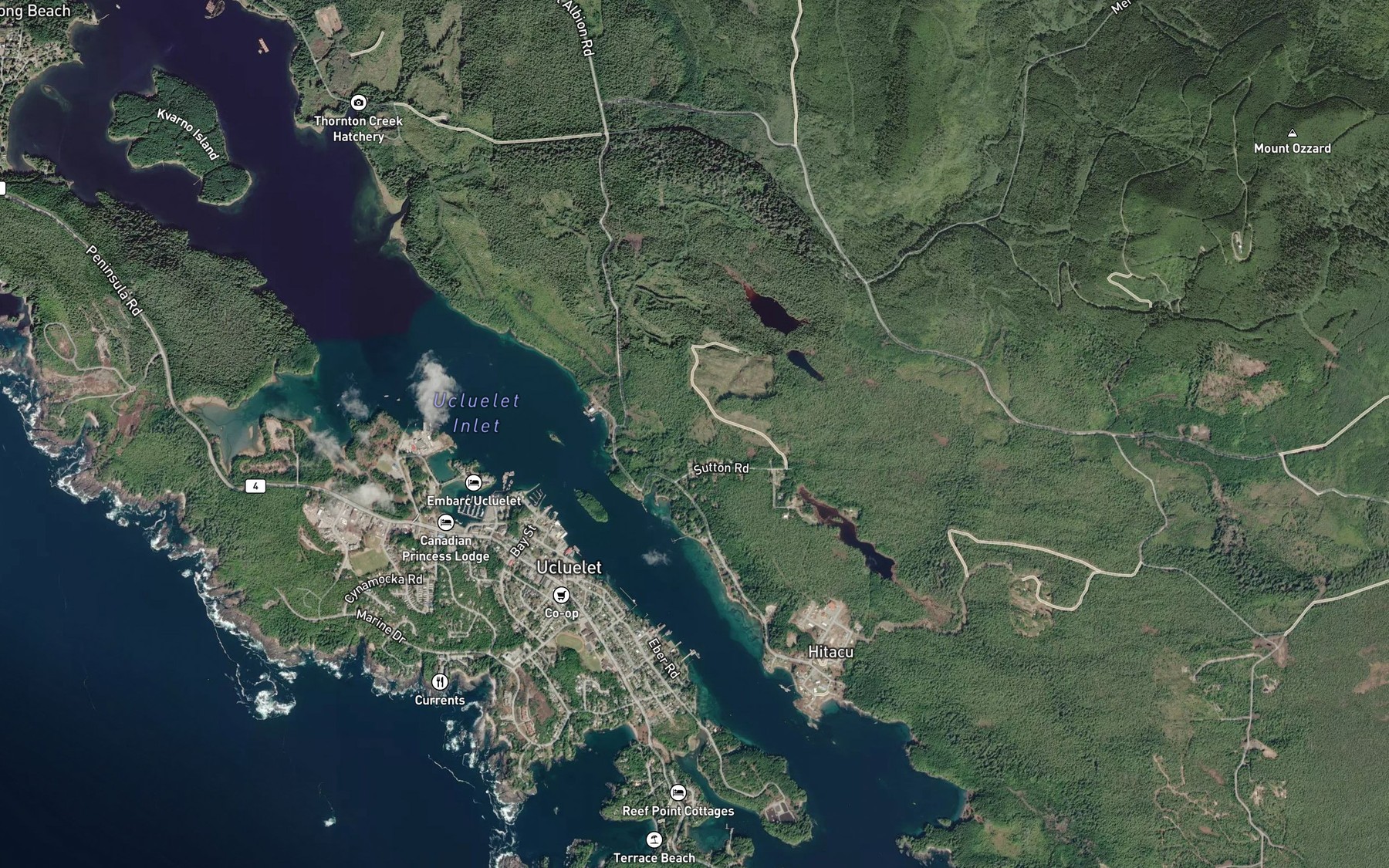 Satellite map of the Ucluelet Inlet