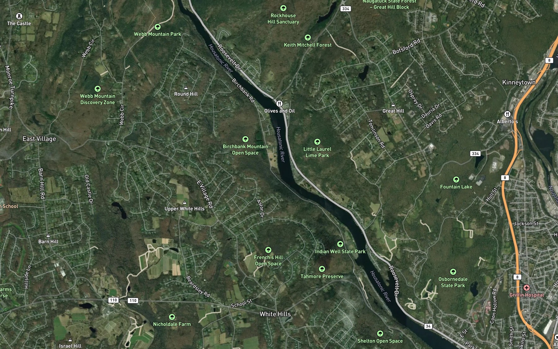 Satellite map of the Upper White Hills Brook