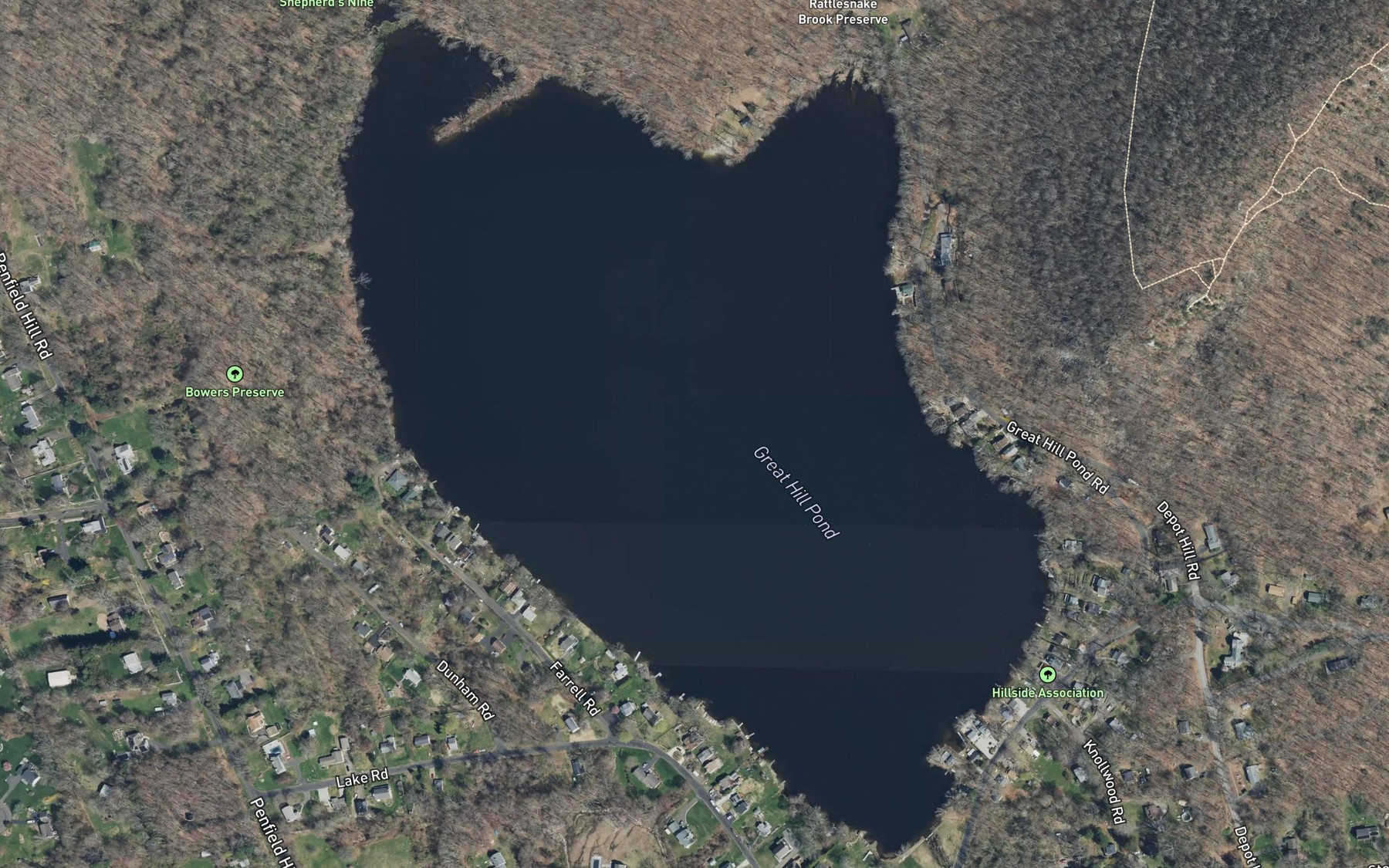 Satellite map of the Great Hill Pond