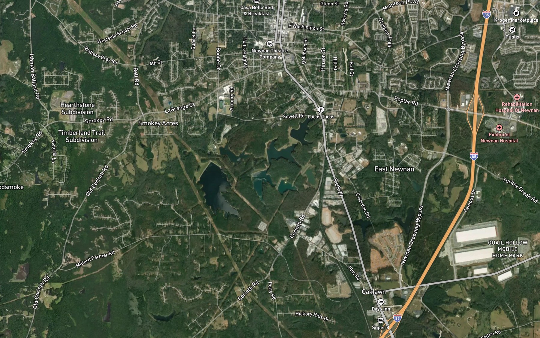 Satellite map of the Newnan Waterworks Lakes