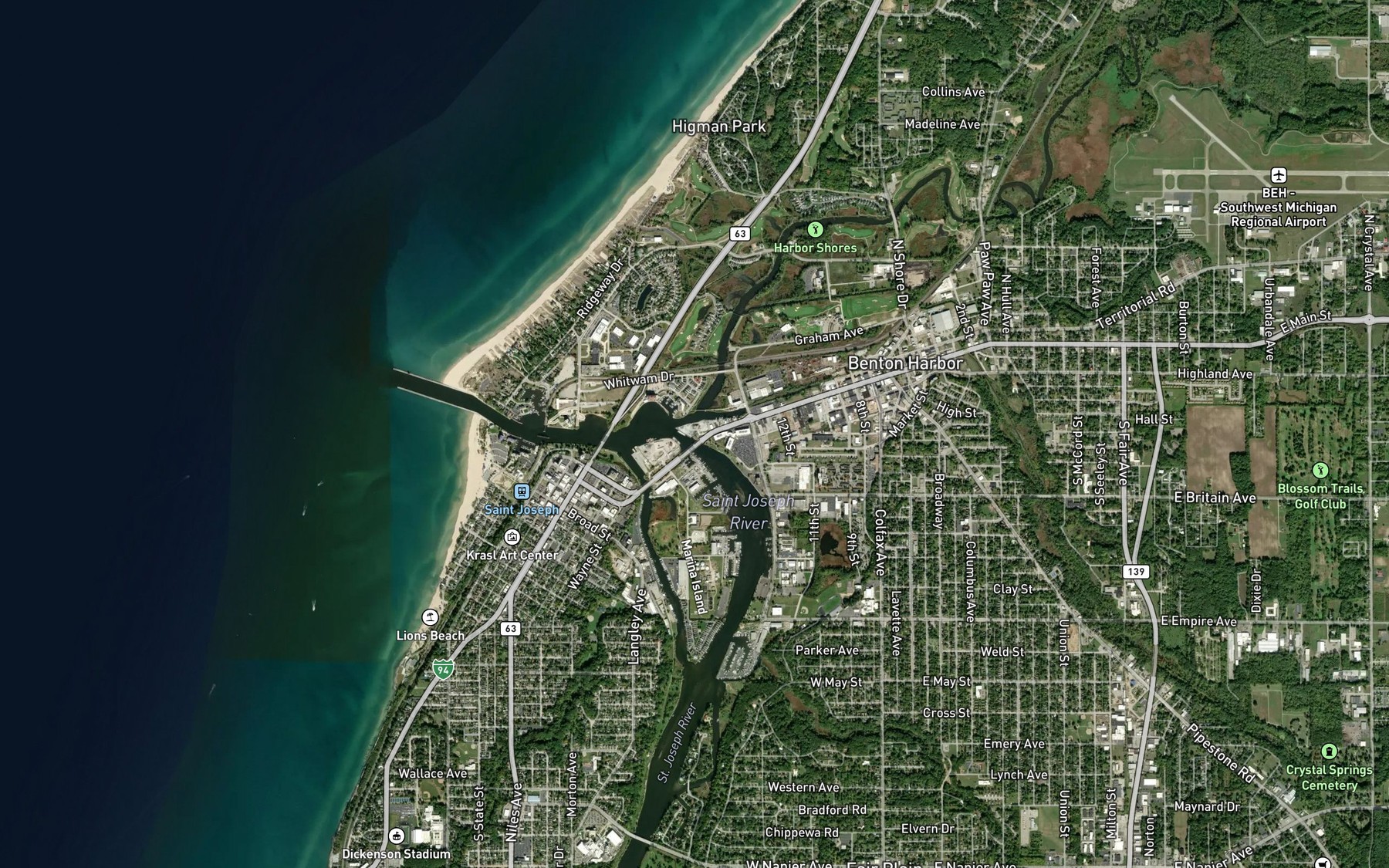 Satellite map of the Paw Paw River