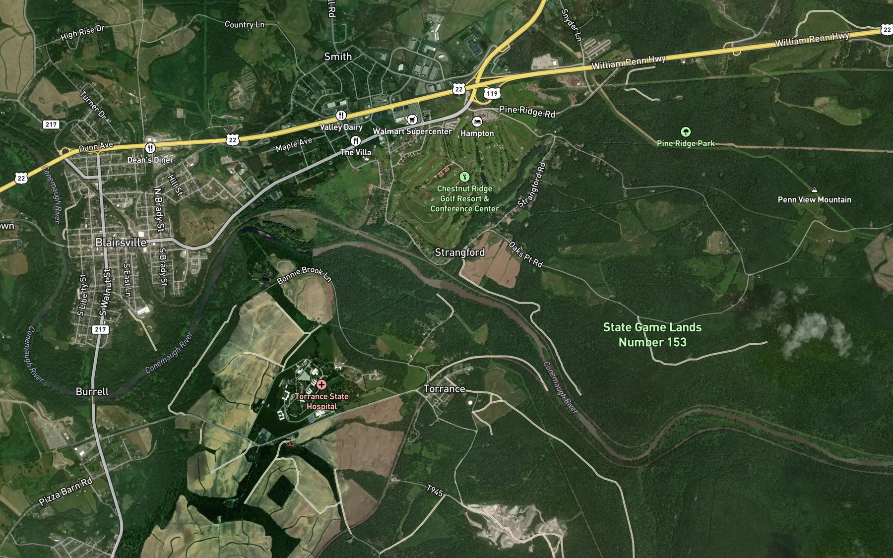Satellite map of the Toms Run