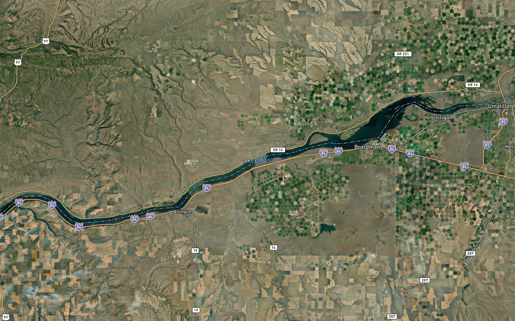 Satellite map of the Umatilla River