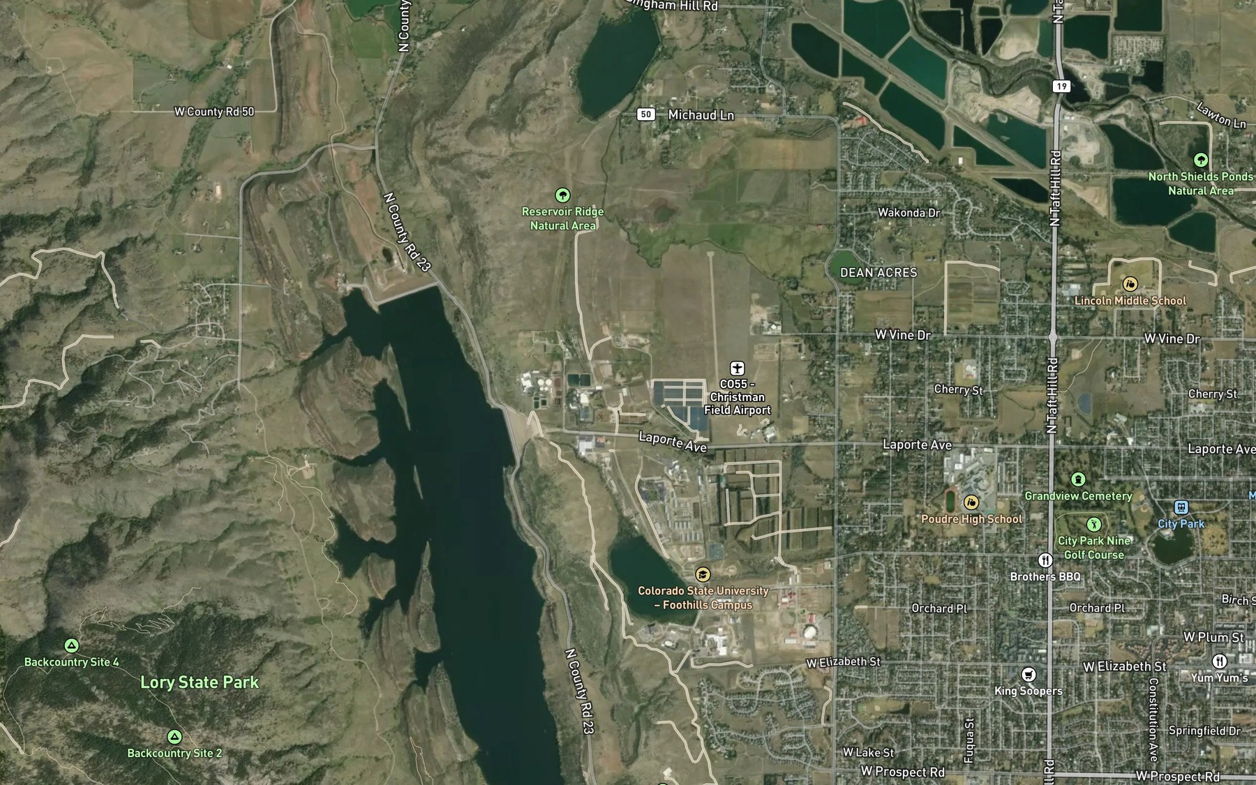 Satellite map of the Soldier Canyon Reservoir