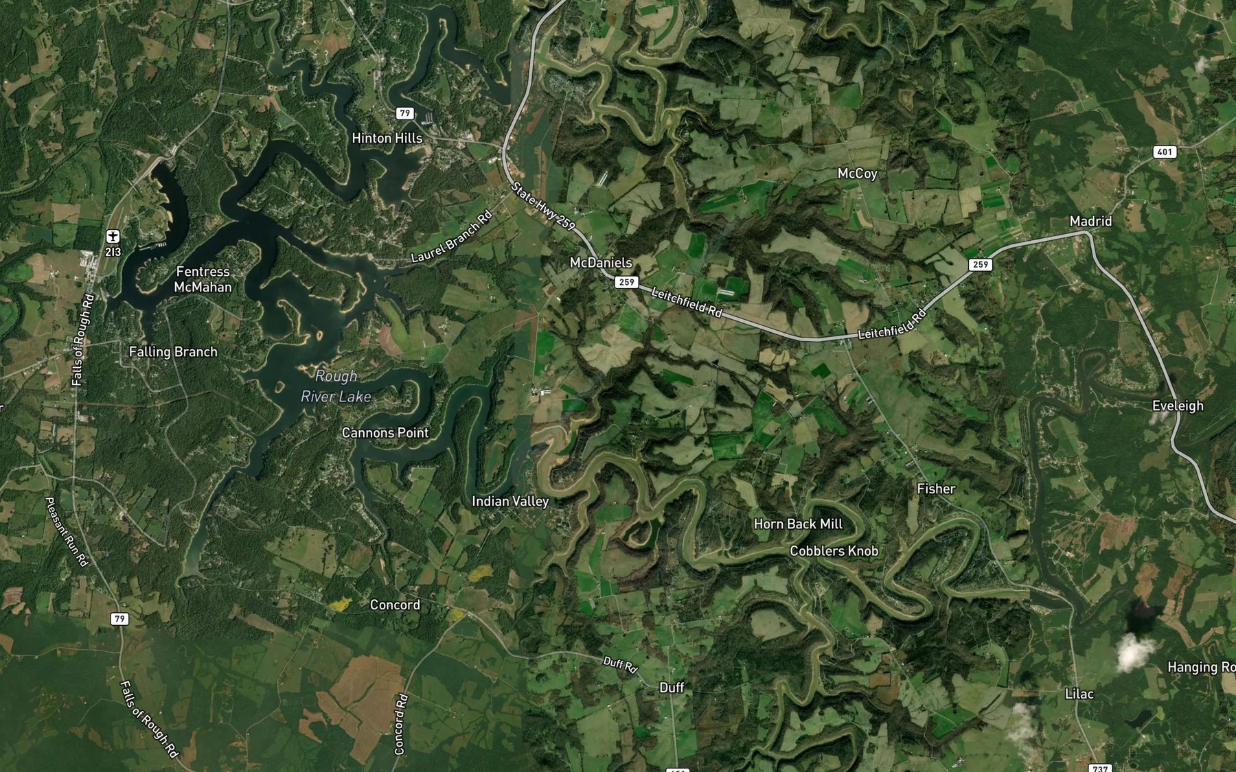 Satellite map of the Rough River Lake